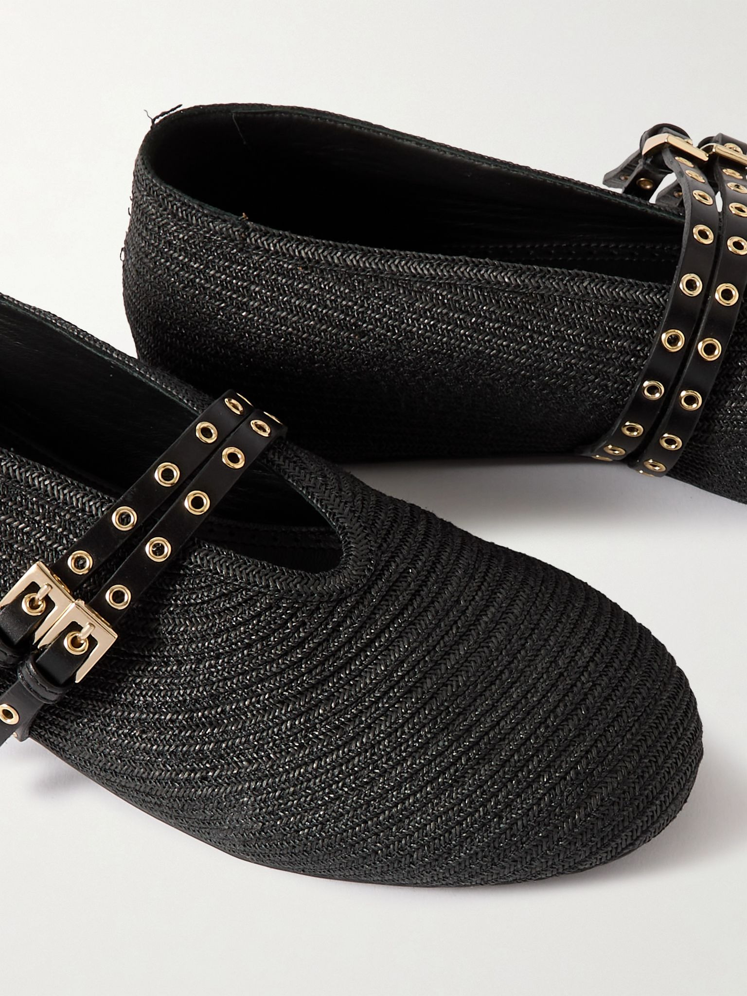 Leather-trimmed raffia ballet flats Black - 4