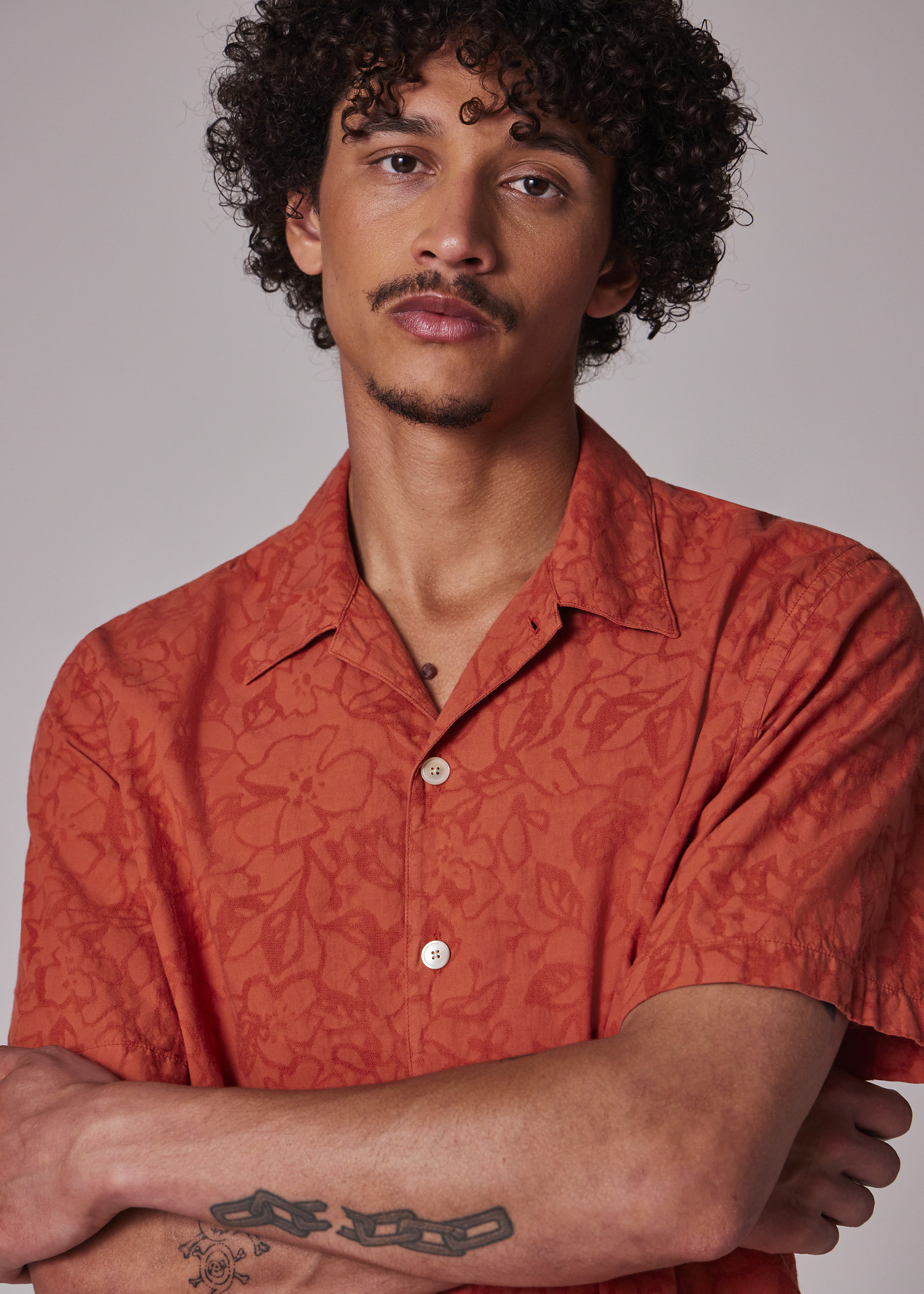 Orange Cotton Textured-Jacquard Short-Sleeve Shirt - 4