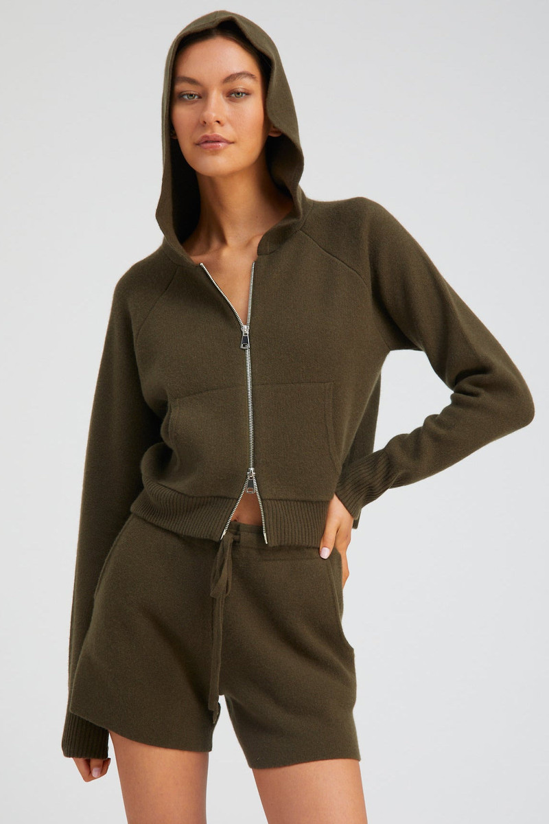 OLIVE CASHMERE SHRUNKEN ZIP UP HOODIE 1