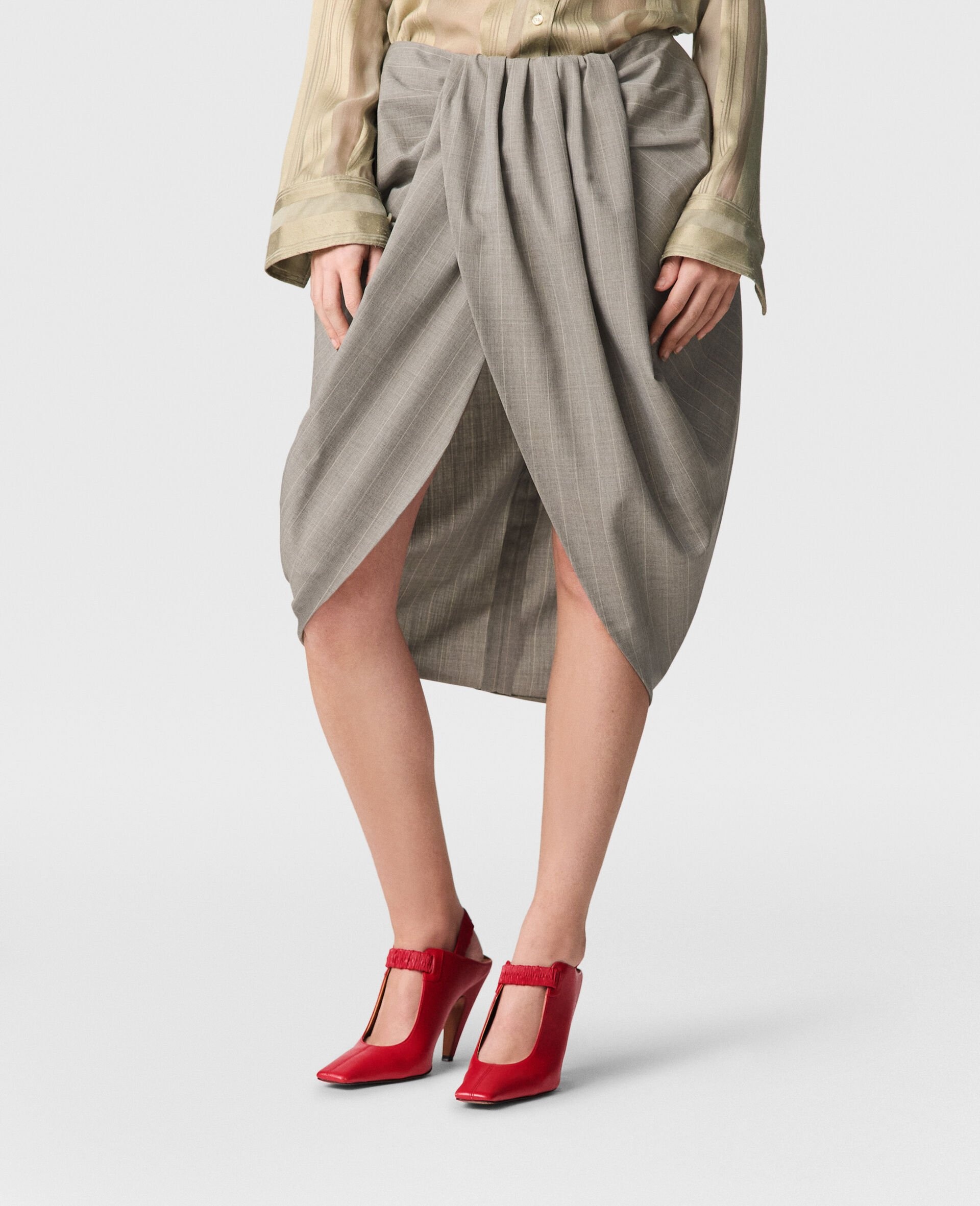 Ruched Wrapped Pinstripe Midi Skirt - 4