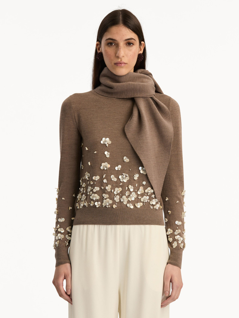 Oscar de la Renta MOTHER OF PEARL EMBROIDERED PULLOVER WITH SCARF outlook