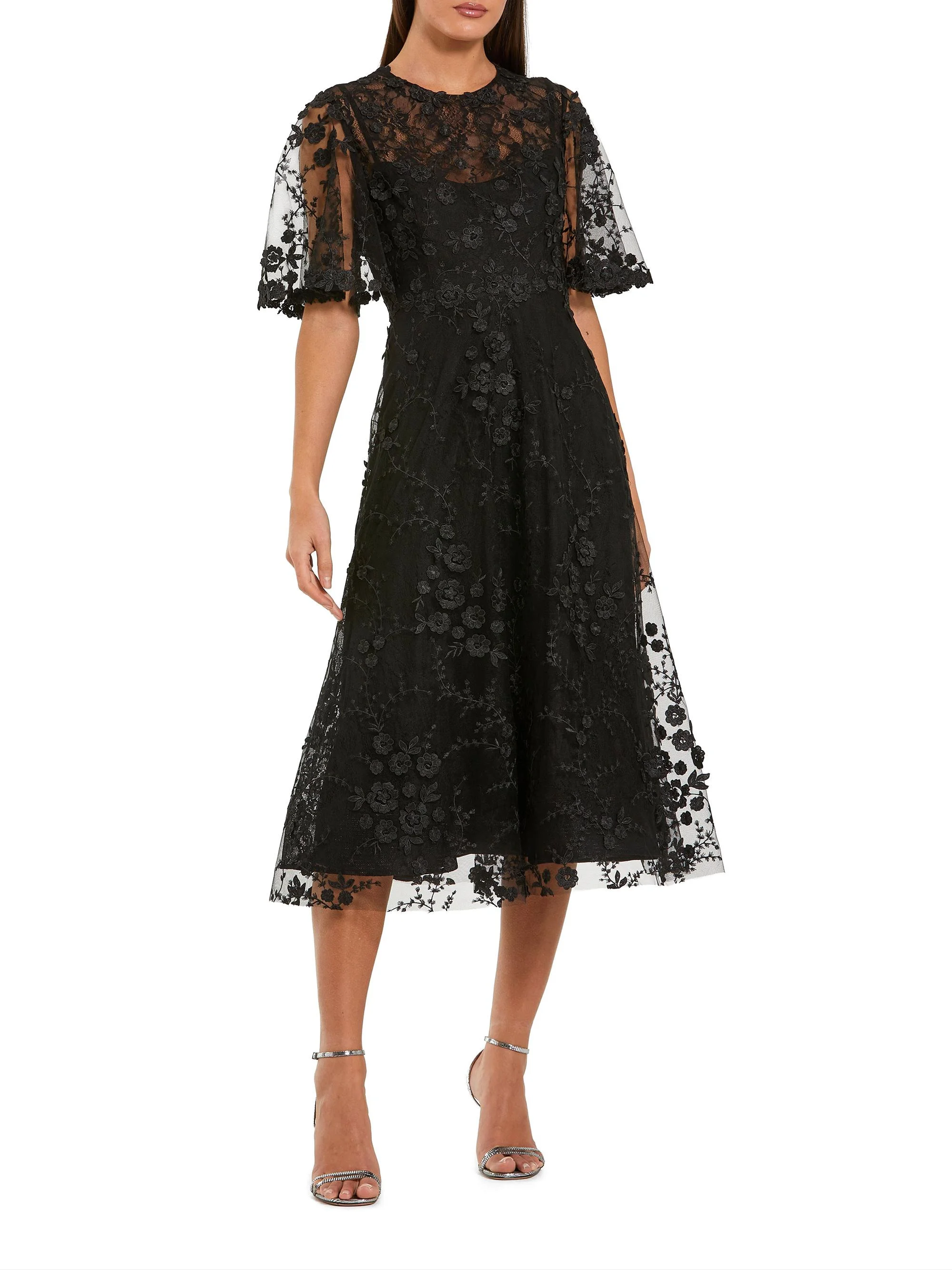 Women's Cocktail Embroidered Mesh Midi-Dress - Black - 1