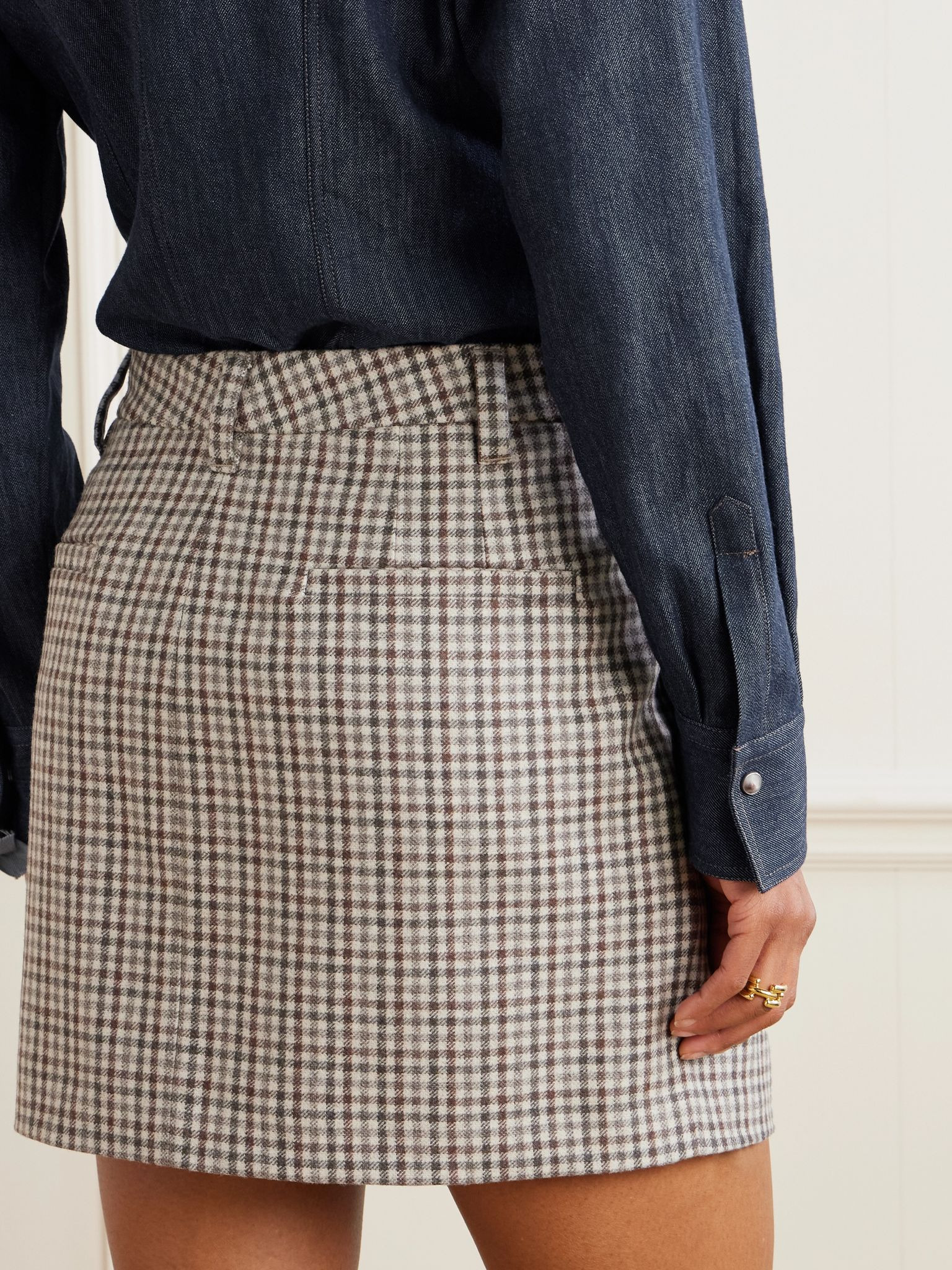 Pleated checked wool mini skirt Beige - 4
