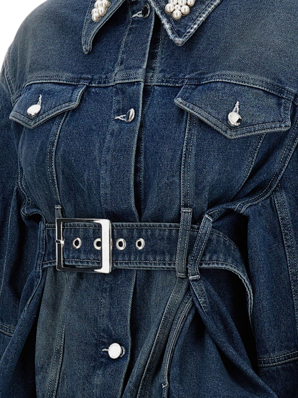 pearl-embellished belted denim jacket - 3