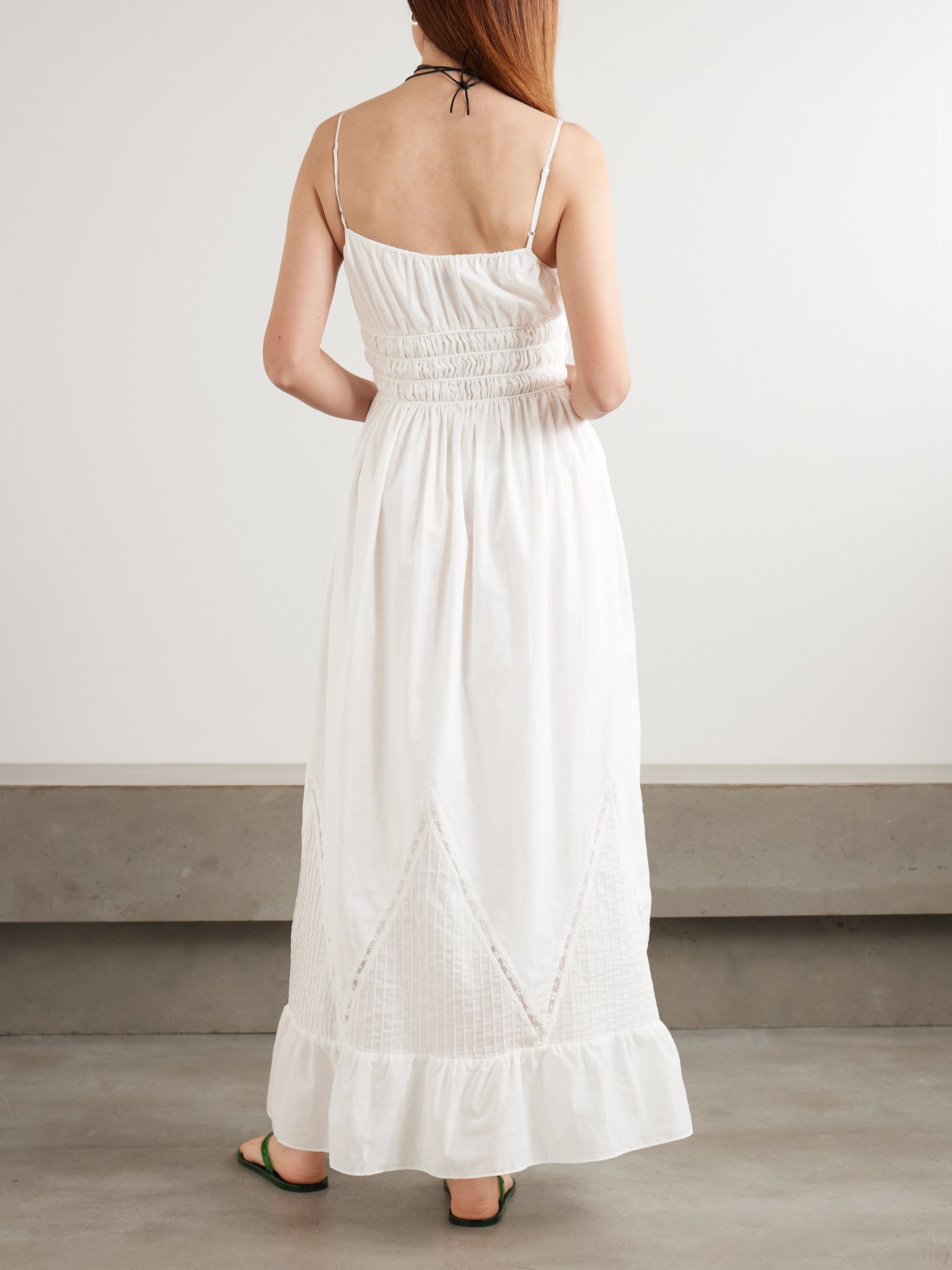 Meline lace-trimmed pintucked shirred cotton-voile maxi dress White - 3