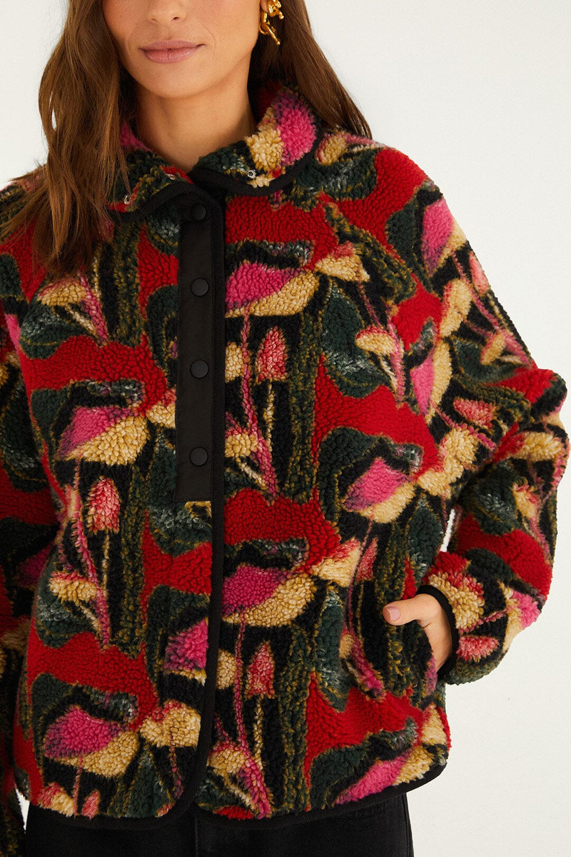 FARM RIO Black Wild Mushrooms Fleece Bomber Jacket outlook