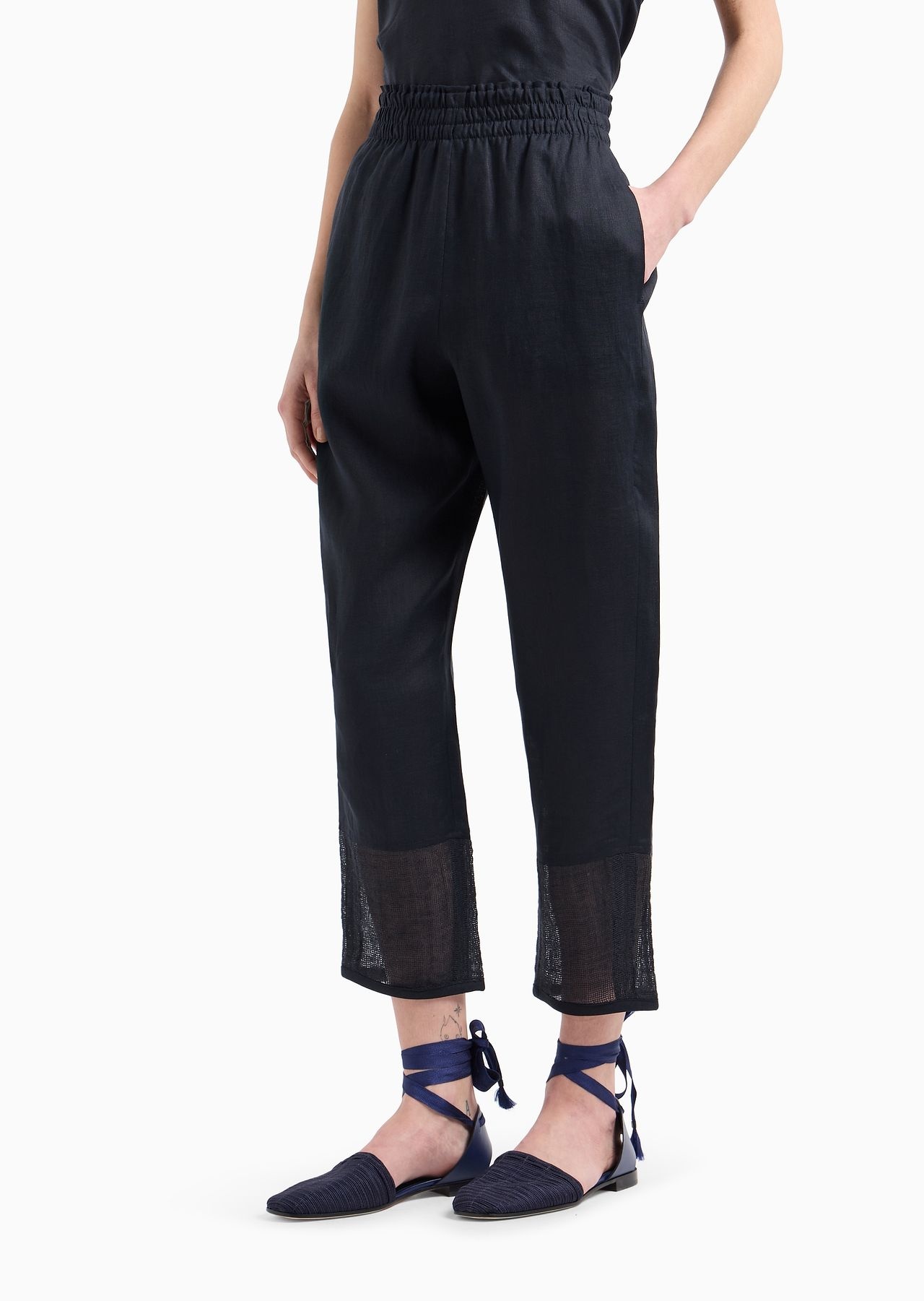 Pure linen trousers with elasticated waist and brushed details - 2