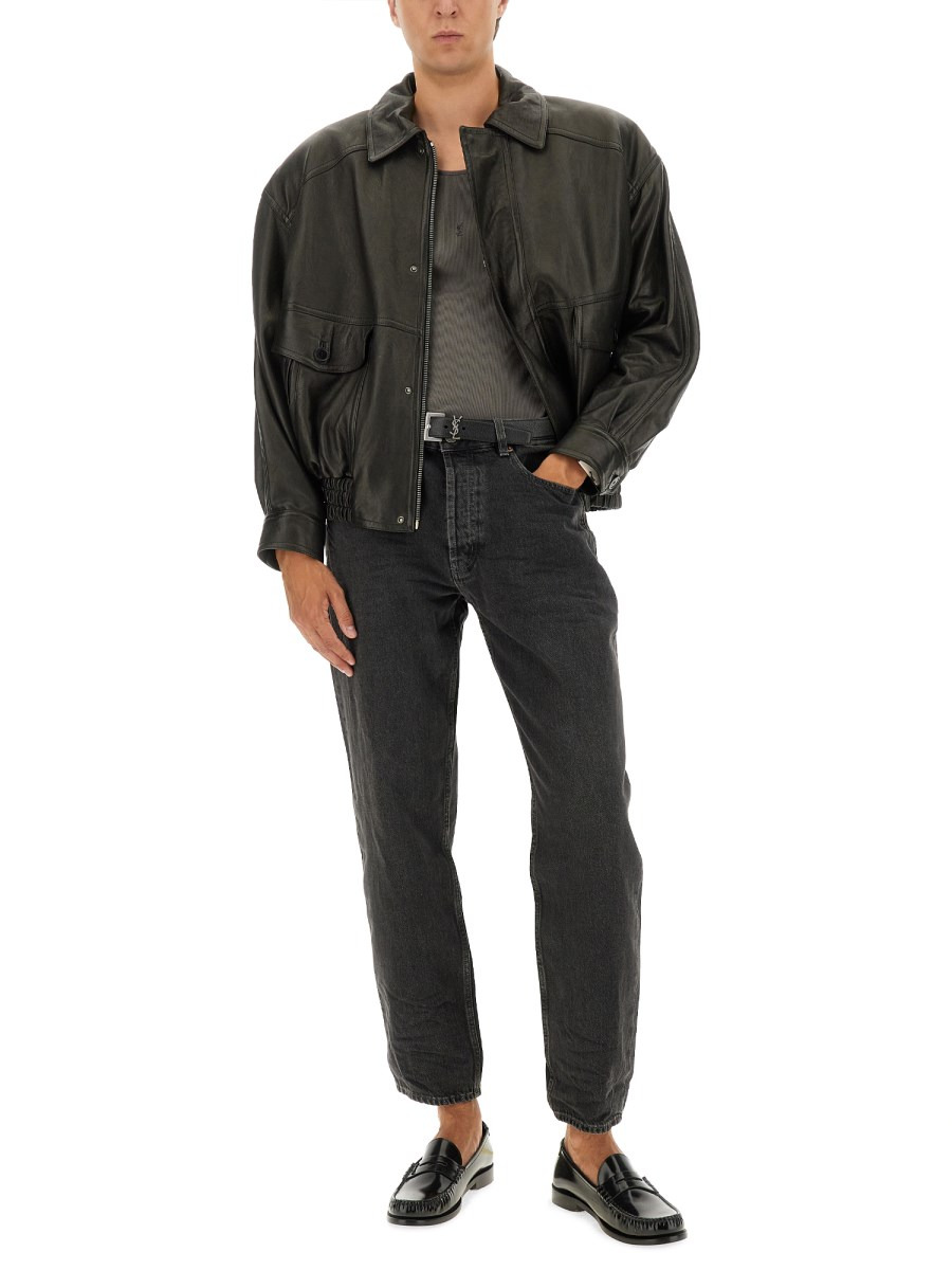 LEATHER BOMBER JACKET WITH HIDDEN ZIPPER - 2