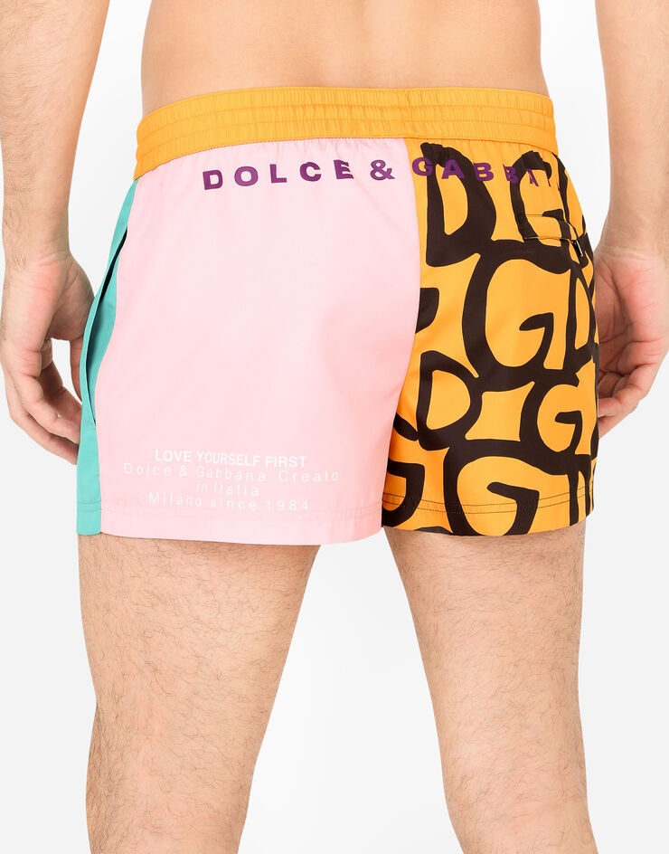 Short nylon patchwork swim trunks with patch - 5