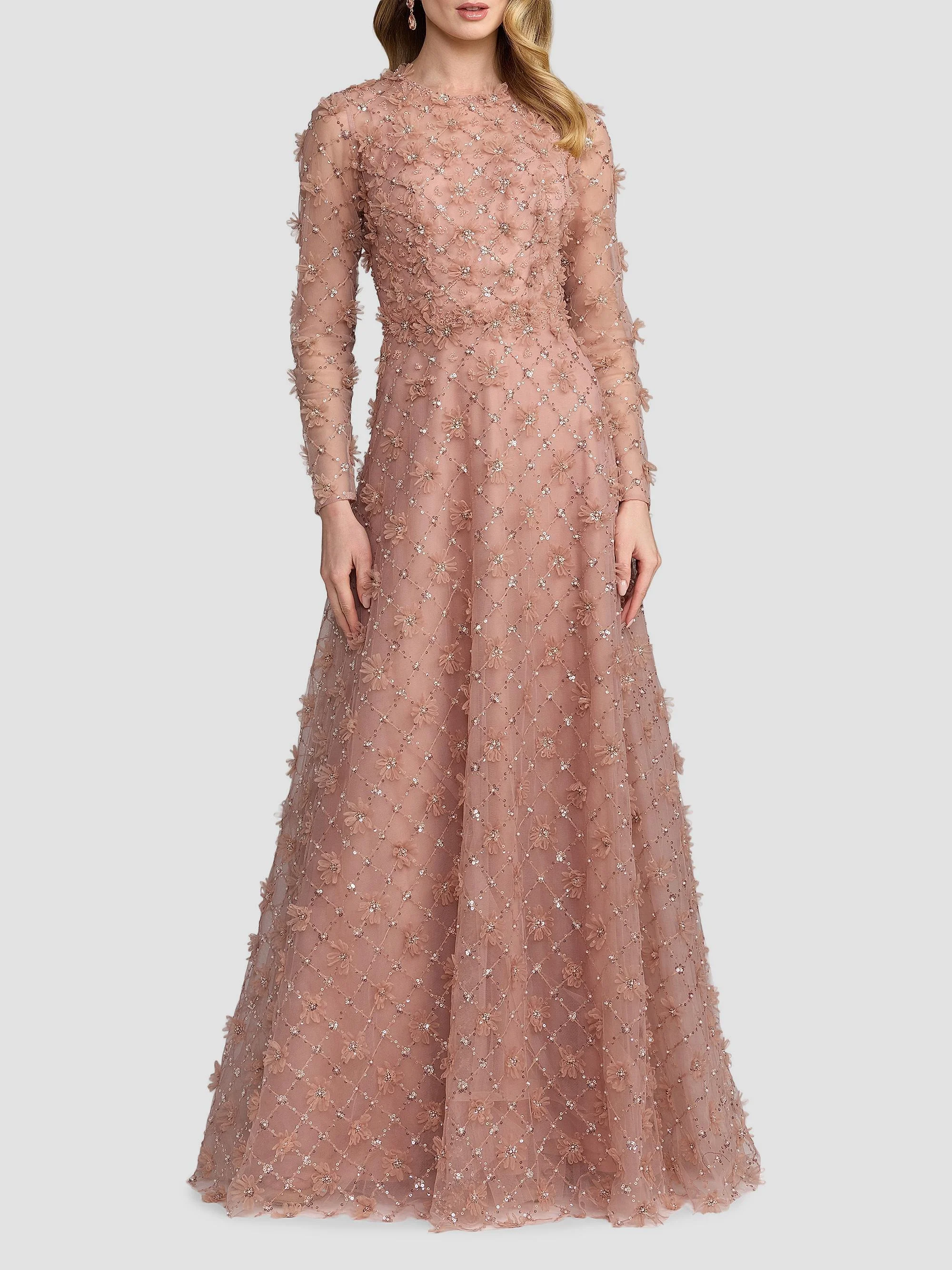 Women's Beaded Tulle Long-Sleeve A-Line Gown - Mocha - 1