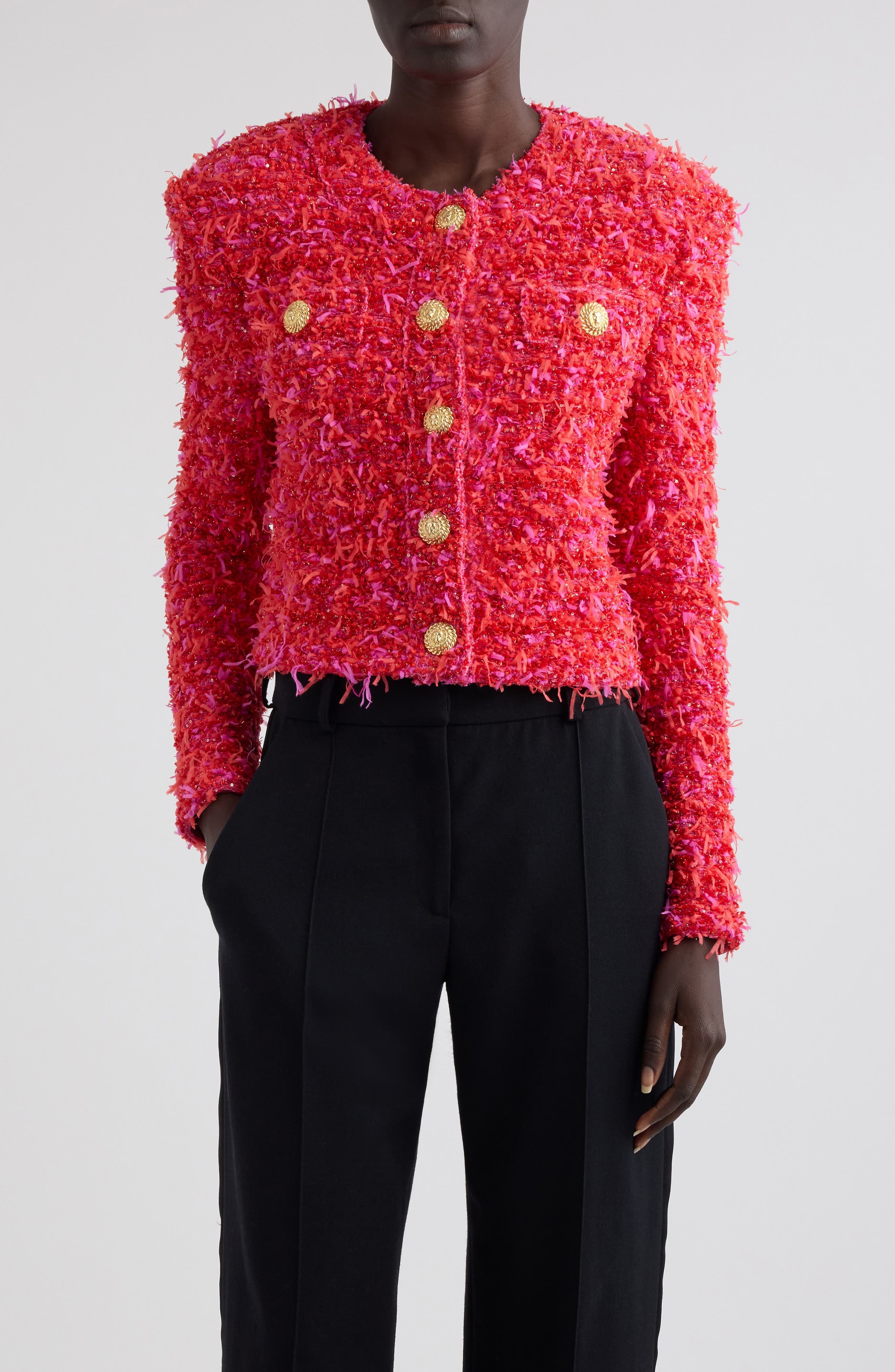 Balmain Crop Sequin Tweed Jacket in Mcw Red/Pink at Nordstrom - 1