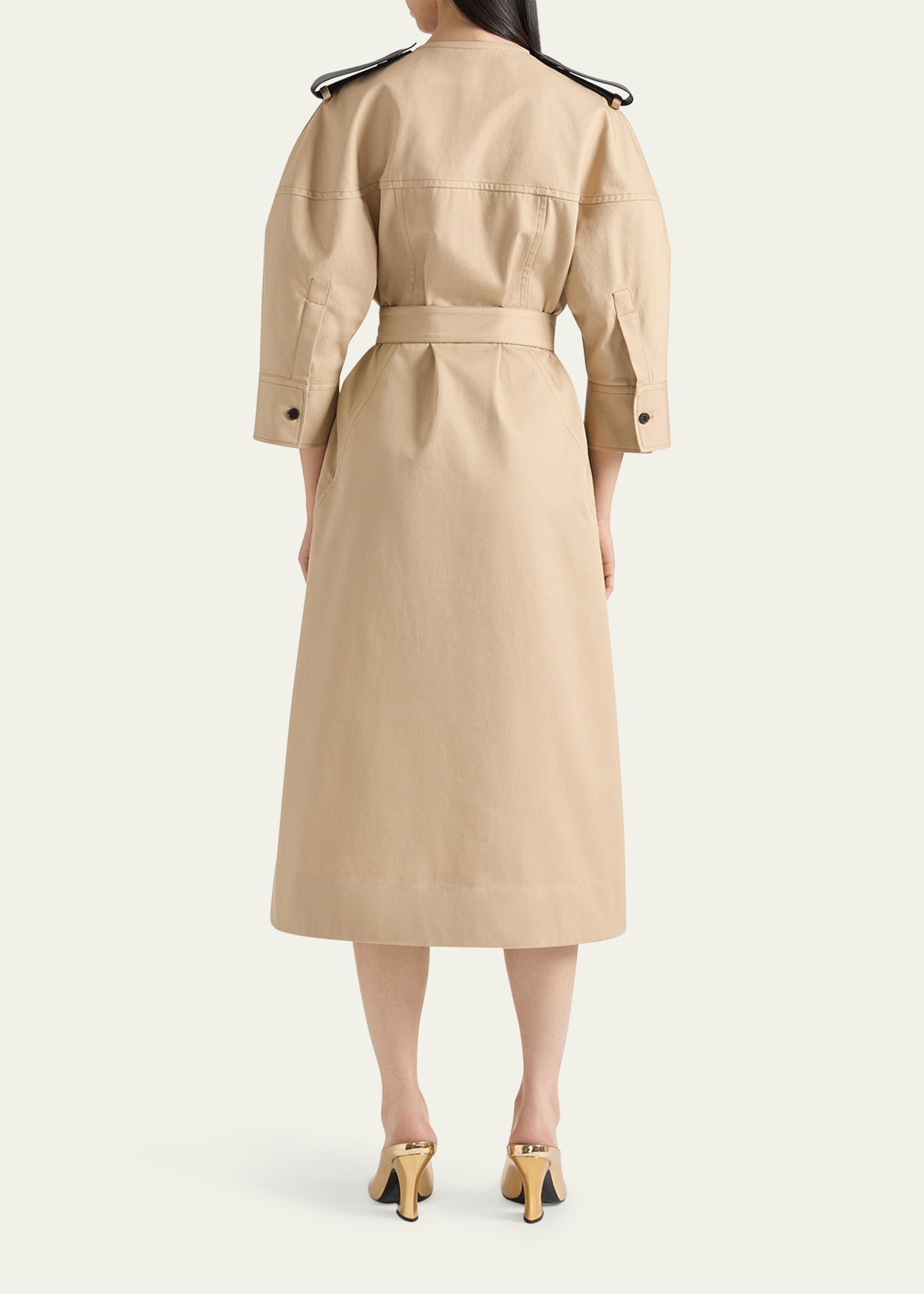 Leather-Trim Belted Cotton Twill Midi Cocoon Dress - 3