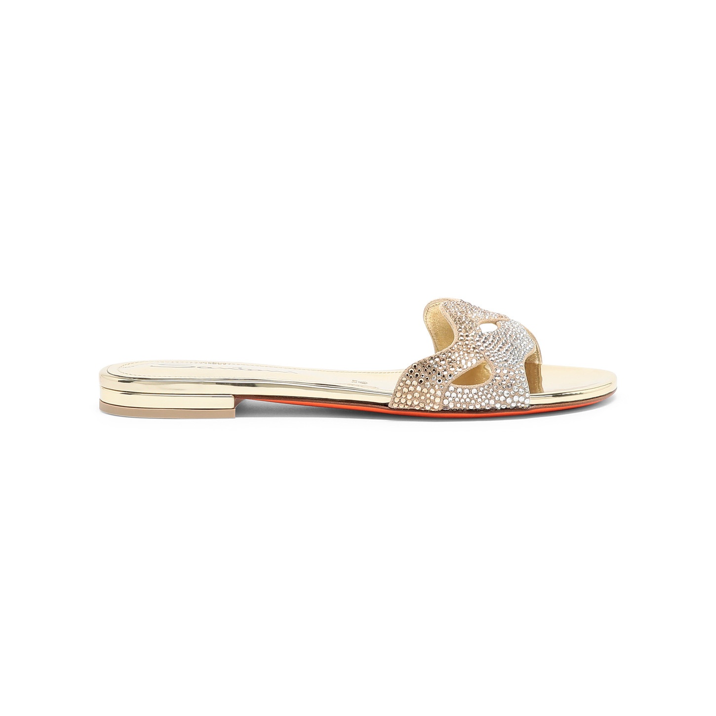 Women's gold laminated leather and crystals sandal - 1