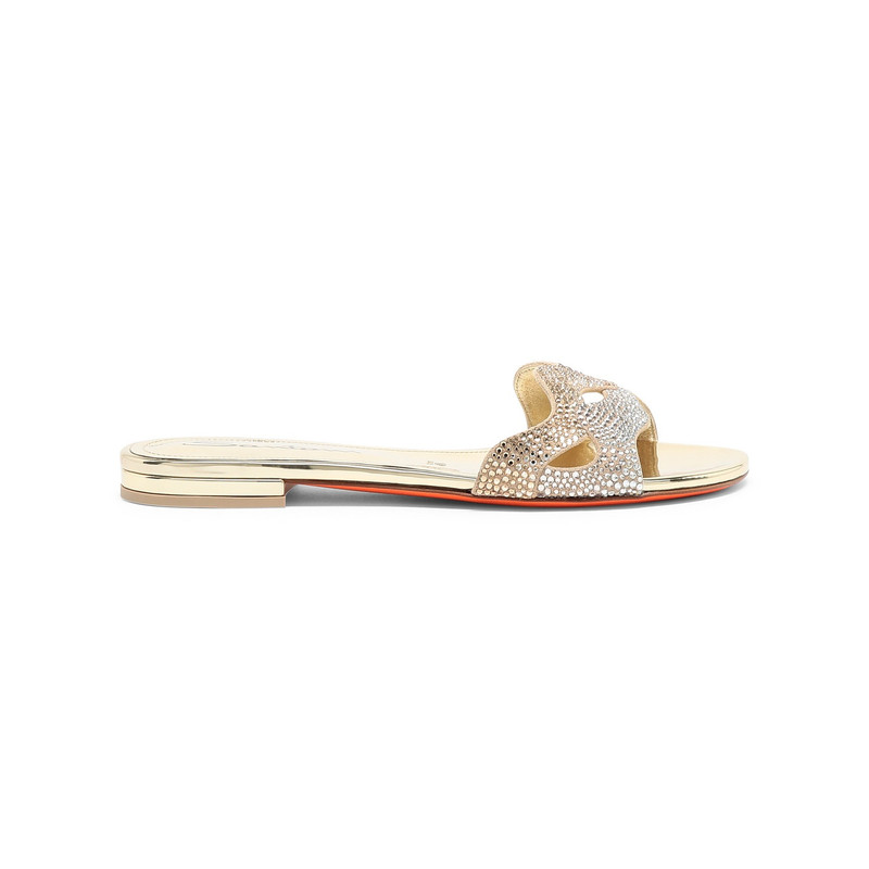 Women's gold laminated leather and crystals sandal 1