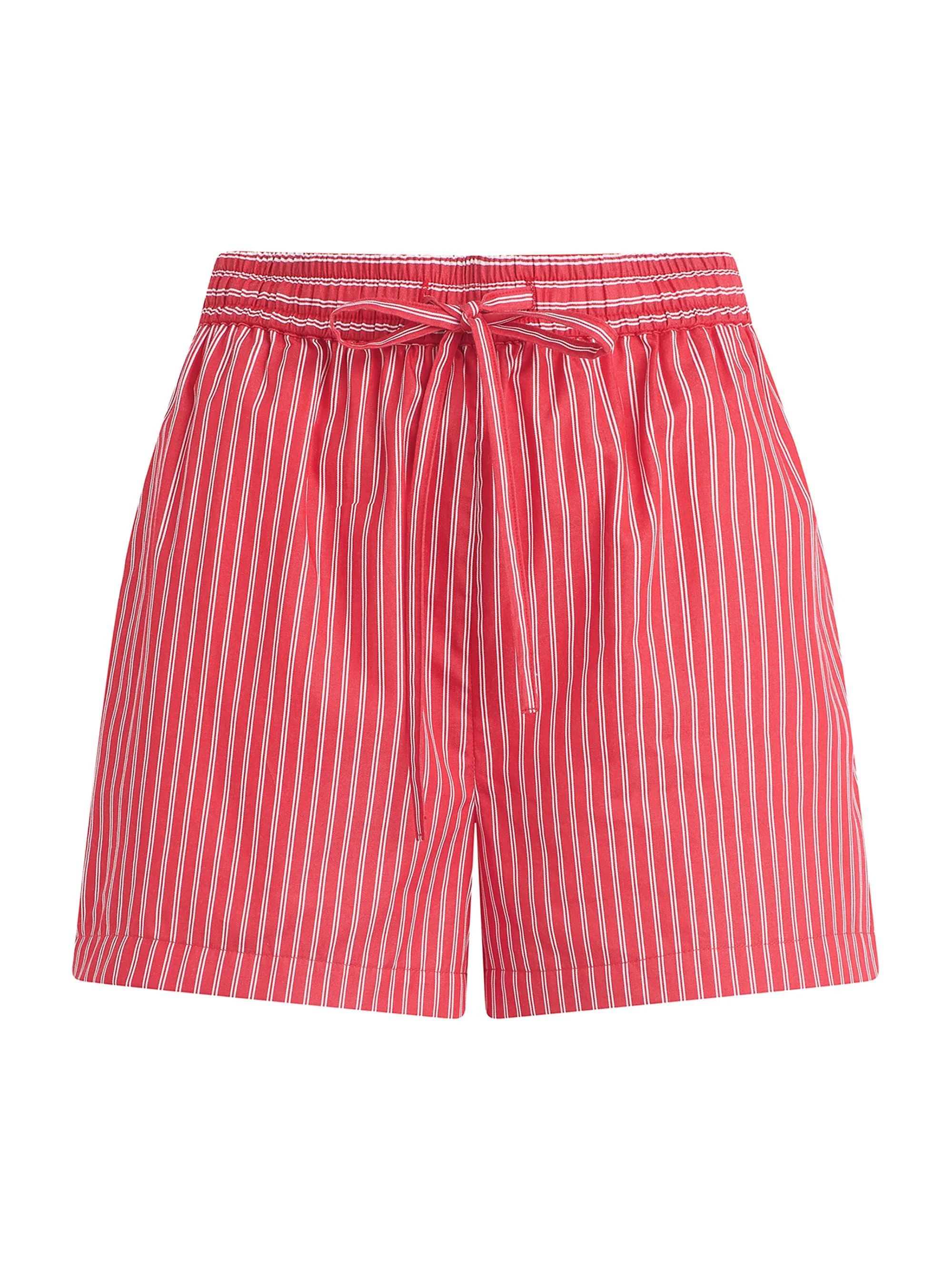 Women's The Boxer Pinstriped Cotton Shorts - Cherry Red White Stripe - 1