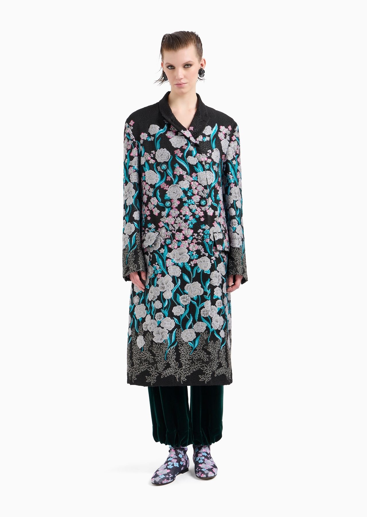 Double-breasted long coat with trailing floral embroidery - 2