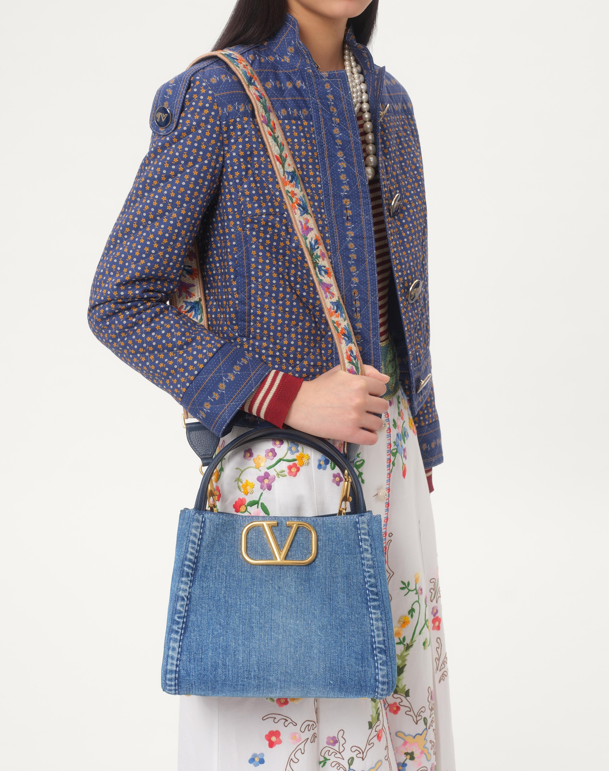 VALENTINO GARAVANI ALLTIME MEDIUM HANDBAG IN DENIM WITH EMBROIDERED STRAP - 7