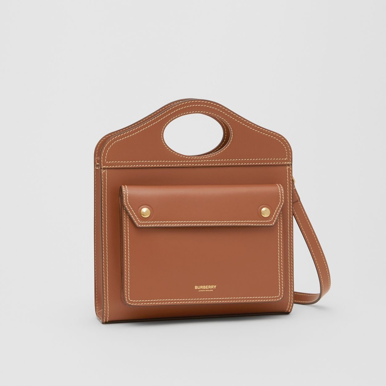 Medium Topstitch Detail Leather Pocket Bag - 5