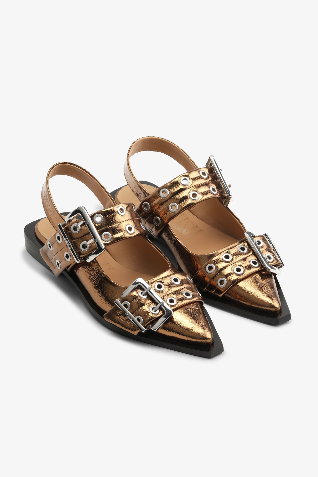BROWN METALLIC FEMININE BUCKLE BALLERINAS - 2
