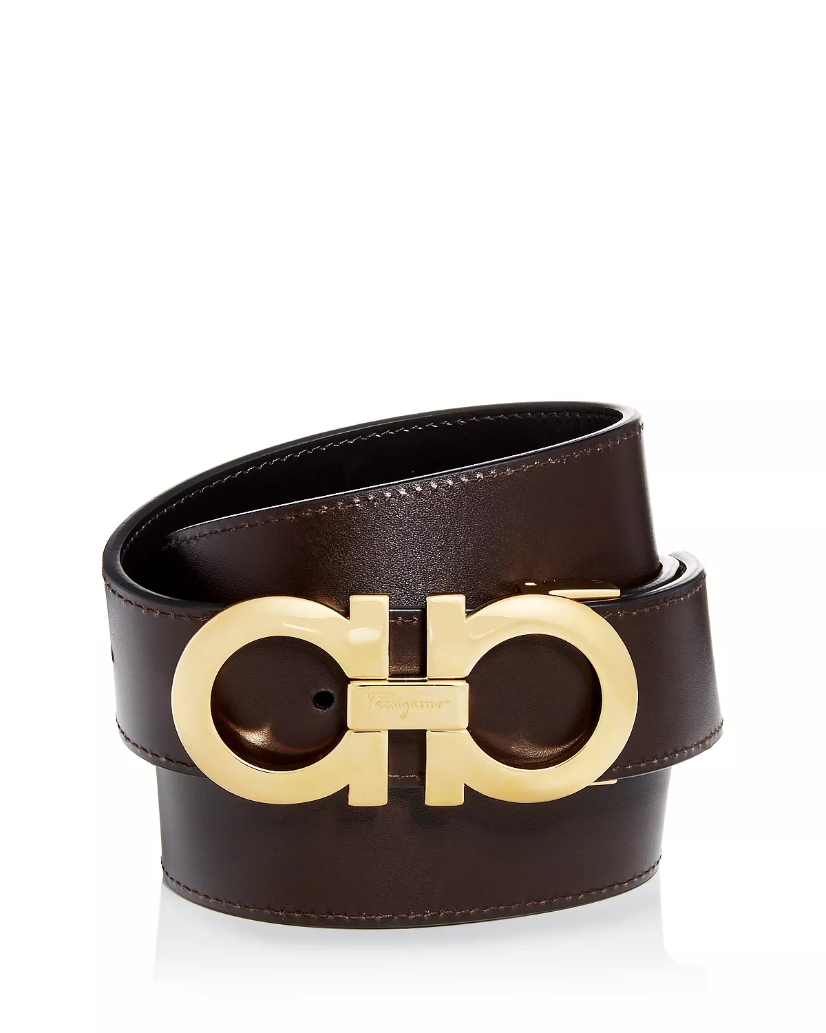 Men's Smooth Reversible Belt with Shiny Goldtone Double Gancini Buckle - 1