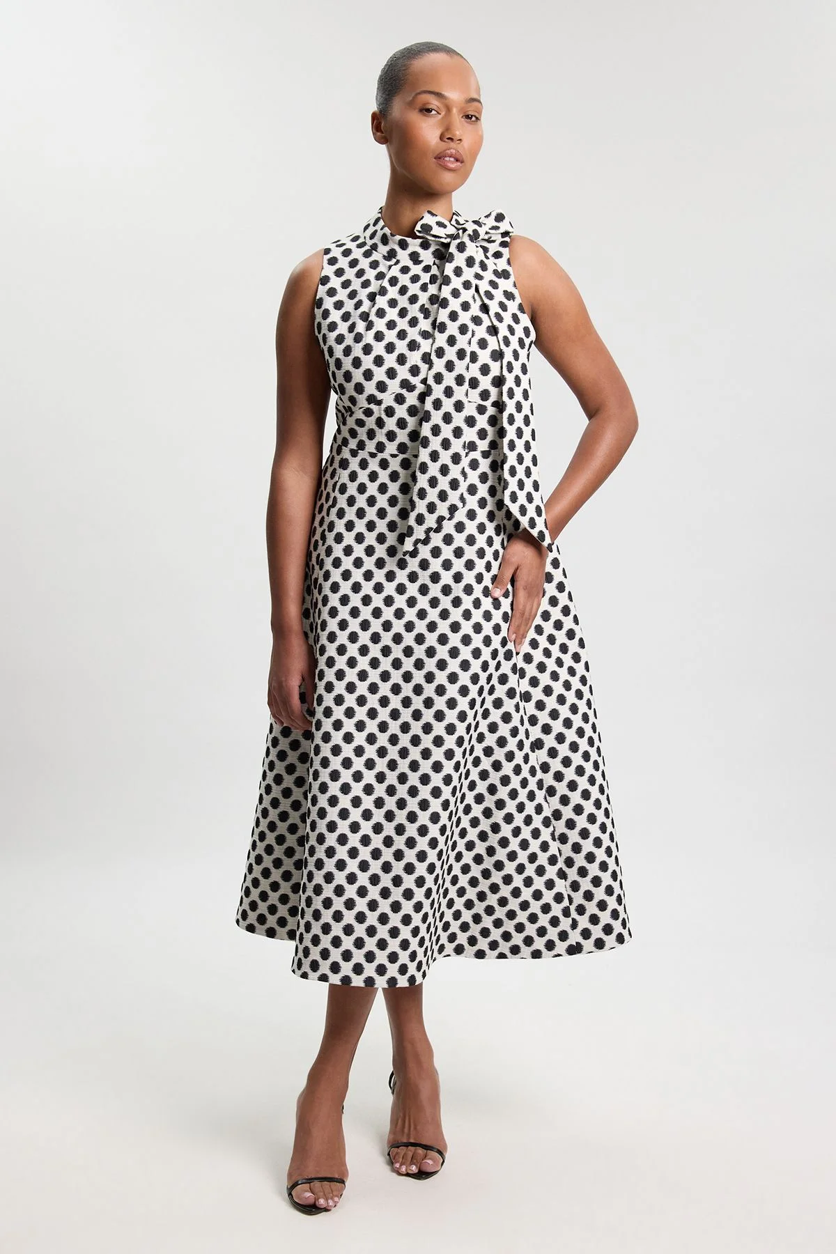 Plus Size Spot Jacquard Tailored Bow Neck Full Skirted Midi Dress - 1