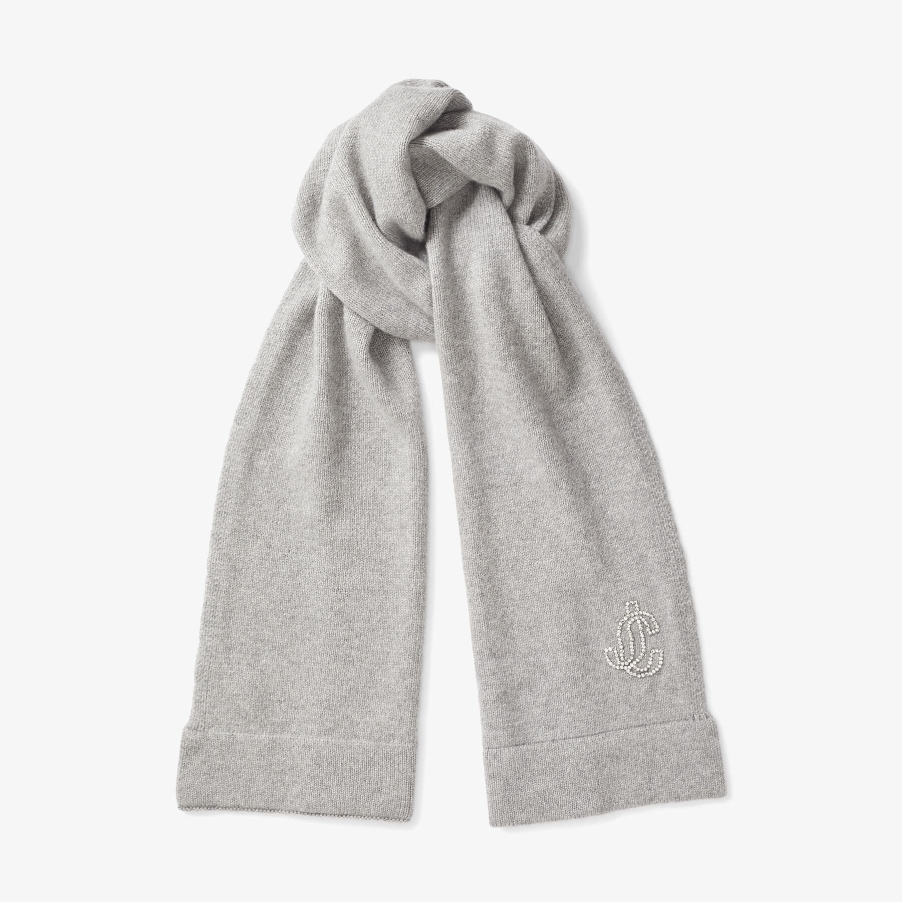 Imke
Marl Grey Knitted Cashmere Scarf with Embroidered Crystal JC Monogram - 1