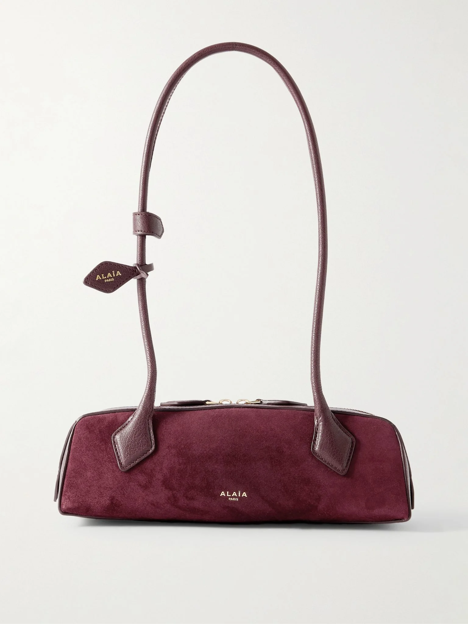 Le Teckel small leather-trimmed suede shoulder bag Burgundy - 1