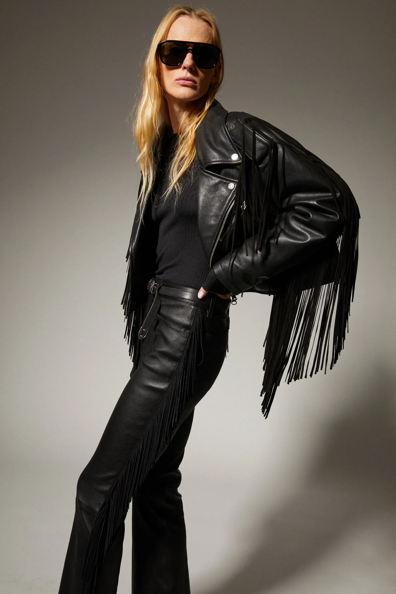 LEATHER MOTO FRINGE JACKET - 1