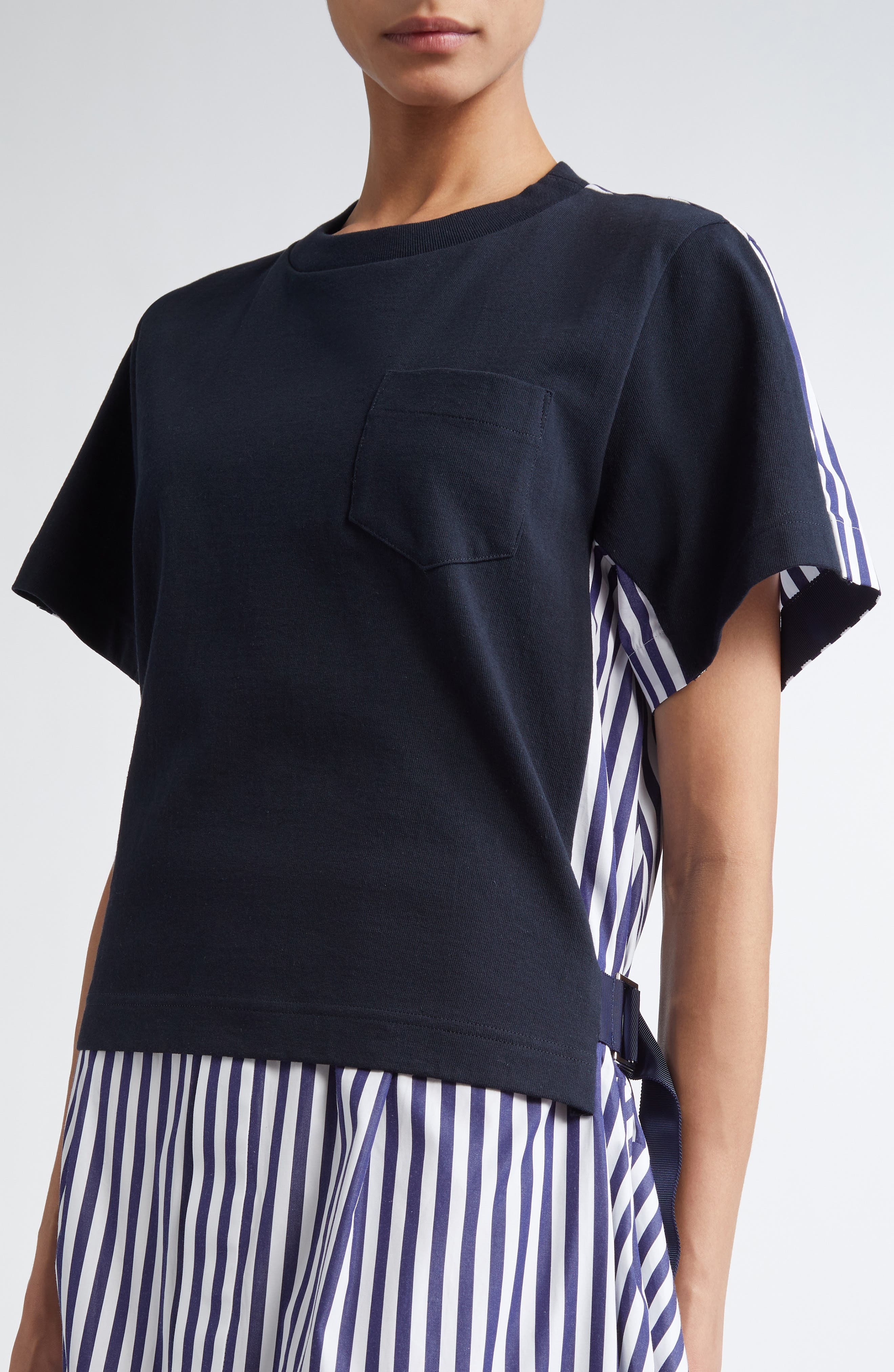 Sacai Mixed Media Poplin & Jersey Midi Dress in Navy Stripe at Nordstrom - 4