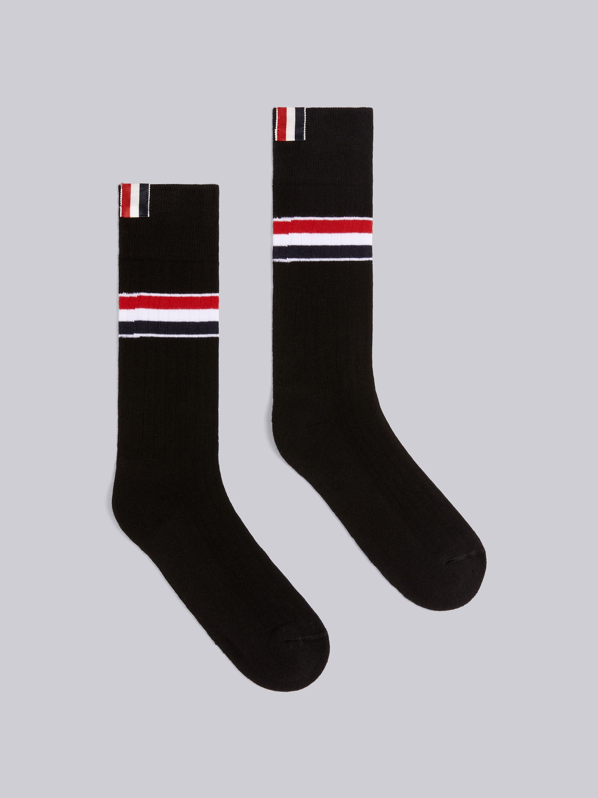 Black Cotton Stripe Athletic Mid-calf Socks - 1