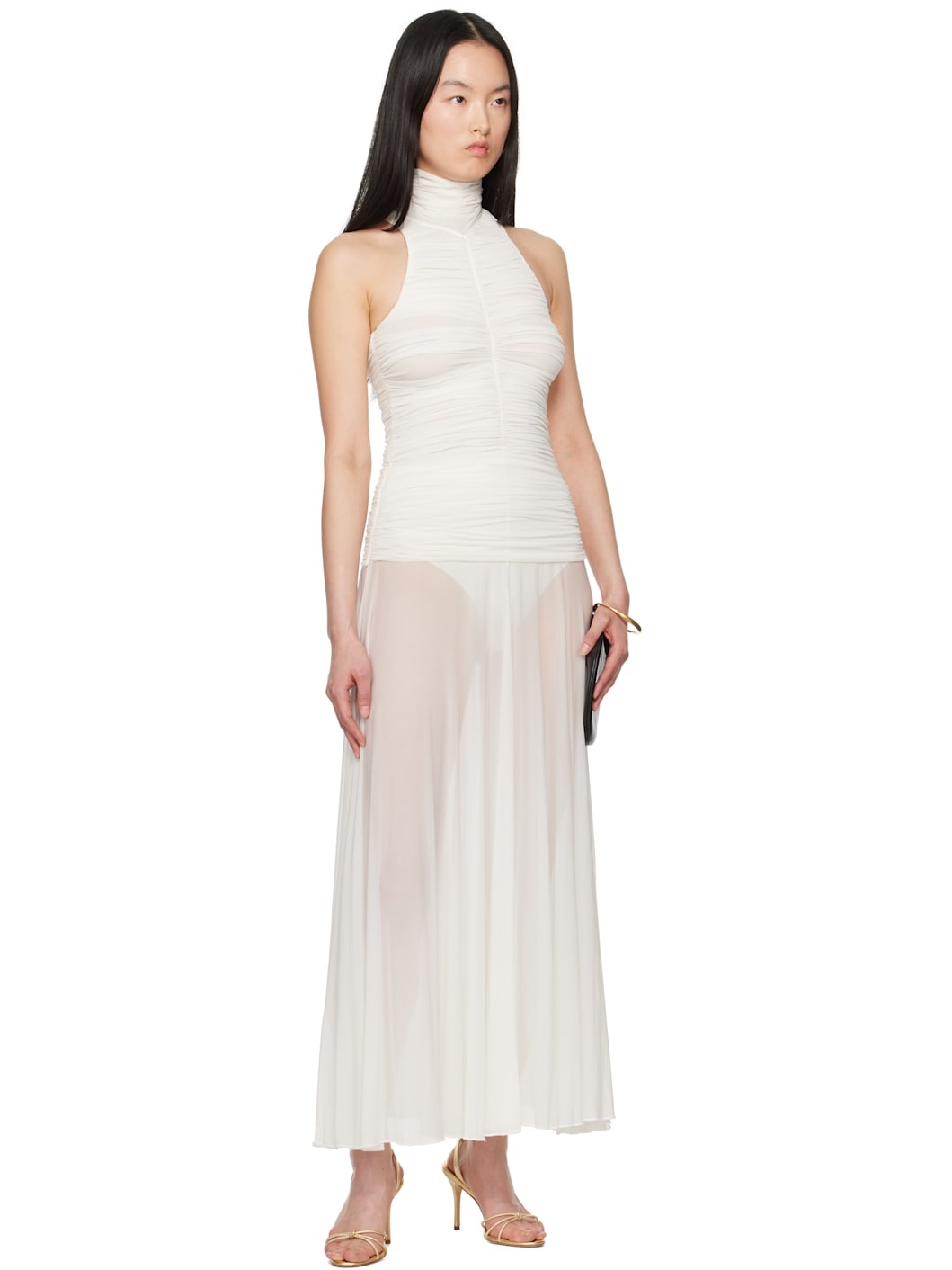 White Ruched High Neck Maxi Dress - 4