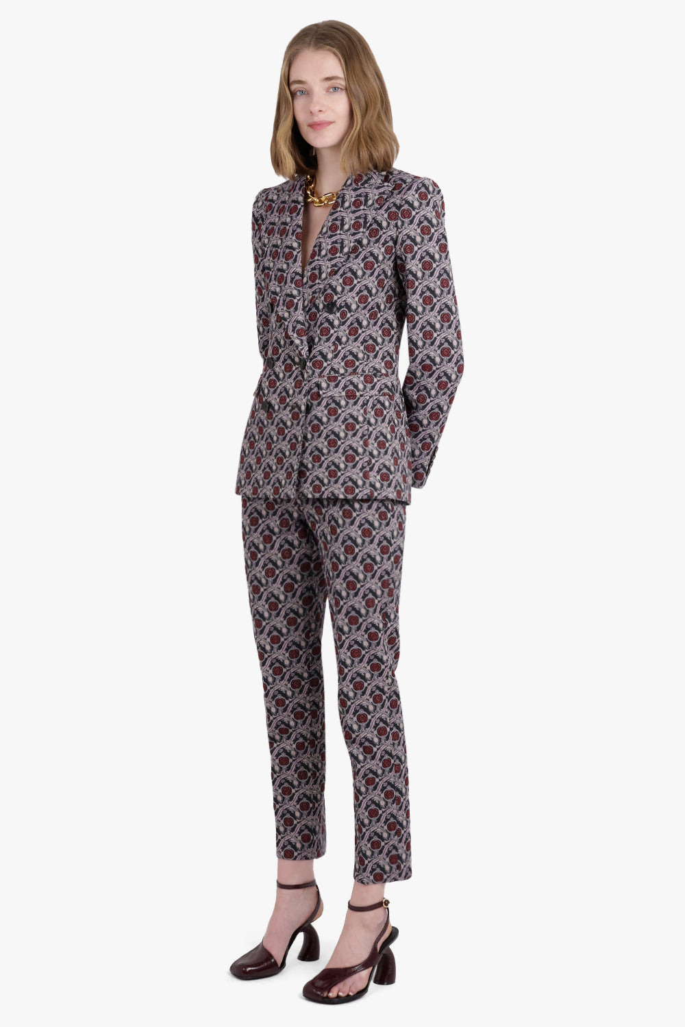 DOUBLE BREASTED GEOMETRIC FLORAL PRINT JACKET | BLUE/PINK - 3