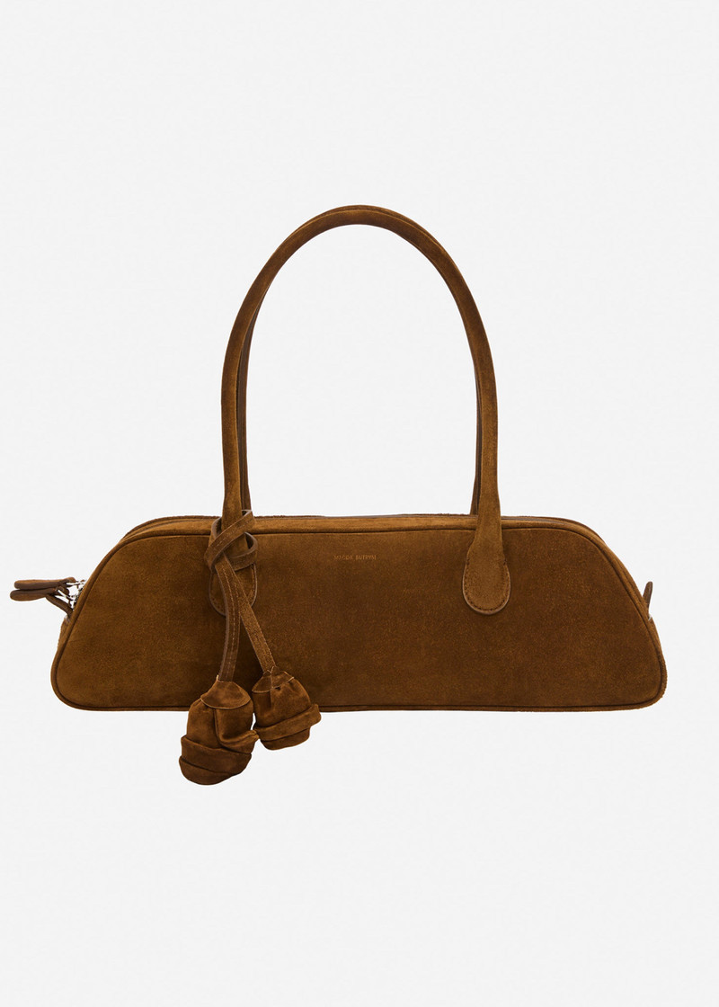 Brigitte trapeze in camel suede with flower charm 1
