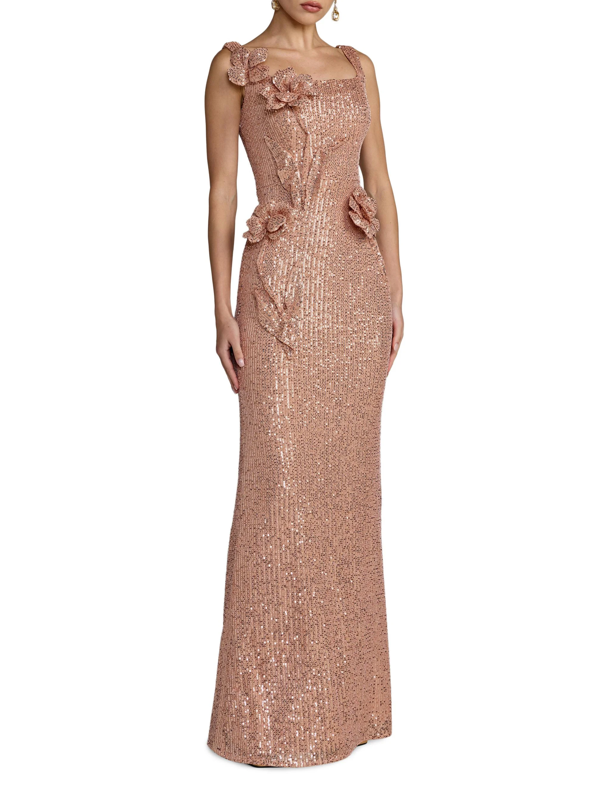Women's 3D Flower Sequin Column Gown - Copper - 1