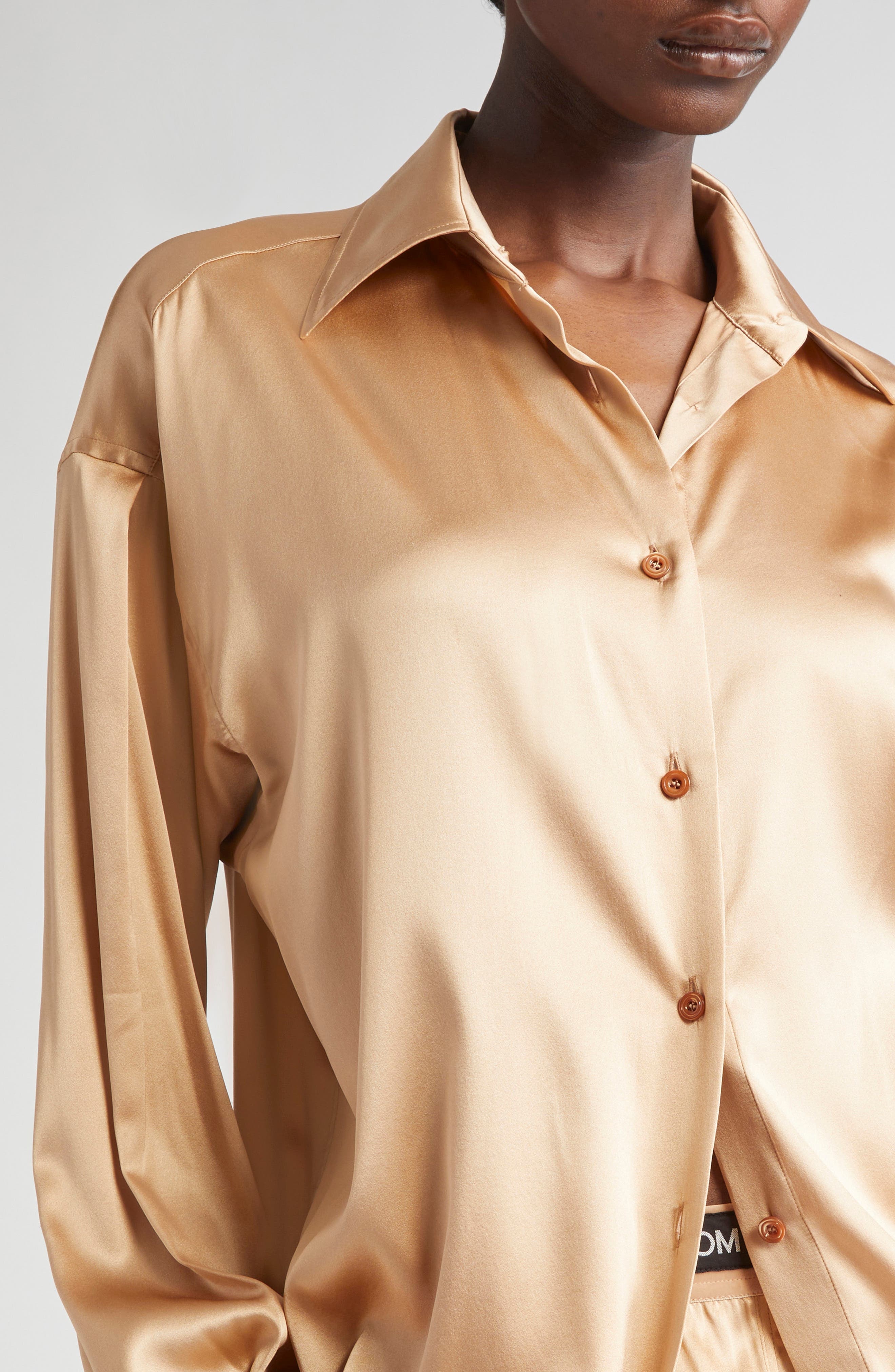 TOM FORD Relaxed Fit Stretch Silk Satin Blouse in Pale Beige at Nordstrom - 5
