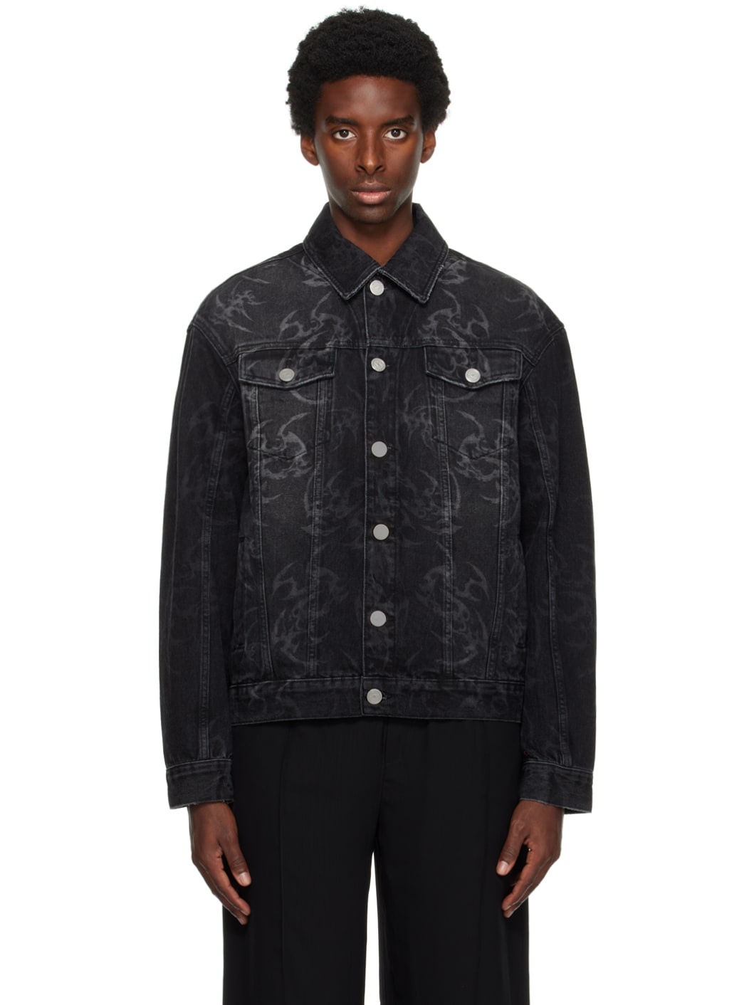 Black Printed Denim Jacket - 1