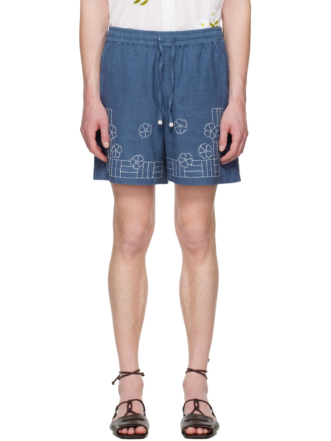 Navy Embroidered Floral Shorts - 1