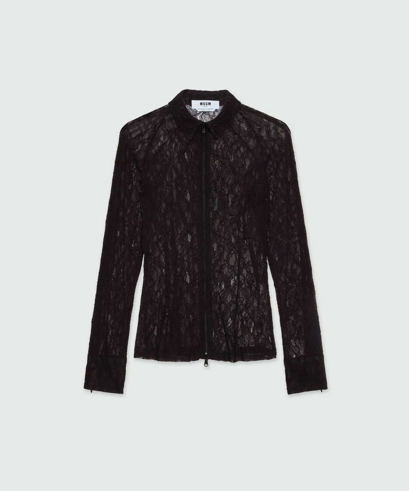 Black floral stretch lace shirt with zip 1