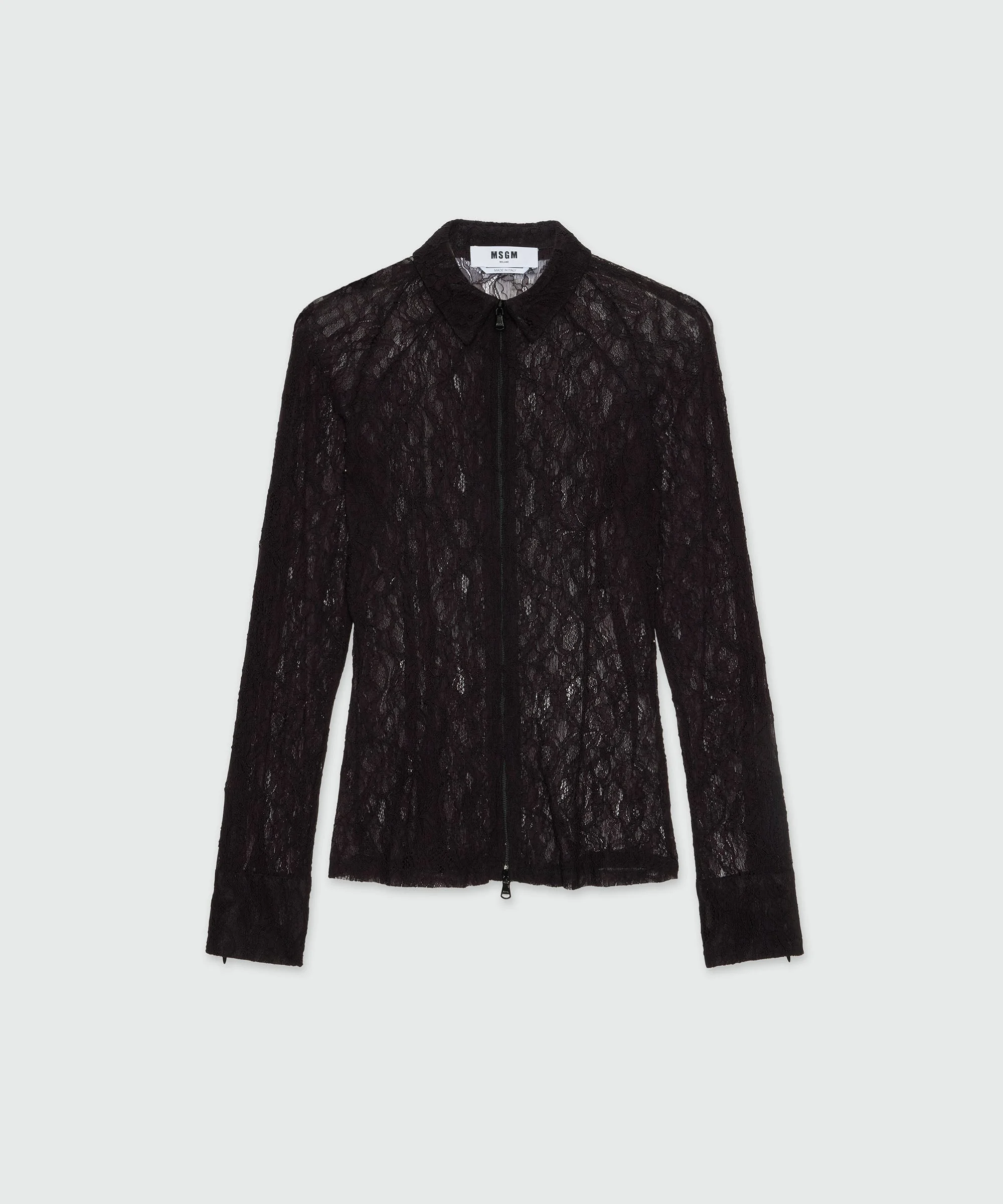 Black floral stretch lace shirt with zip - 1