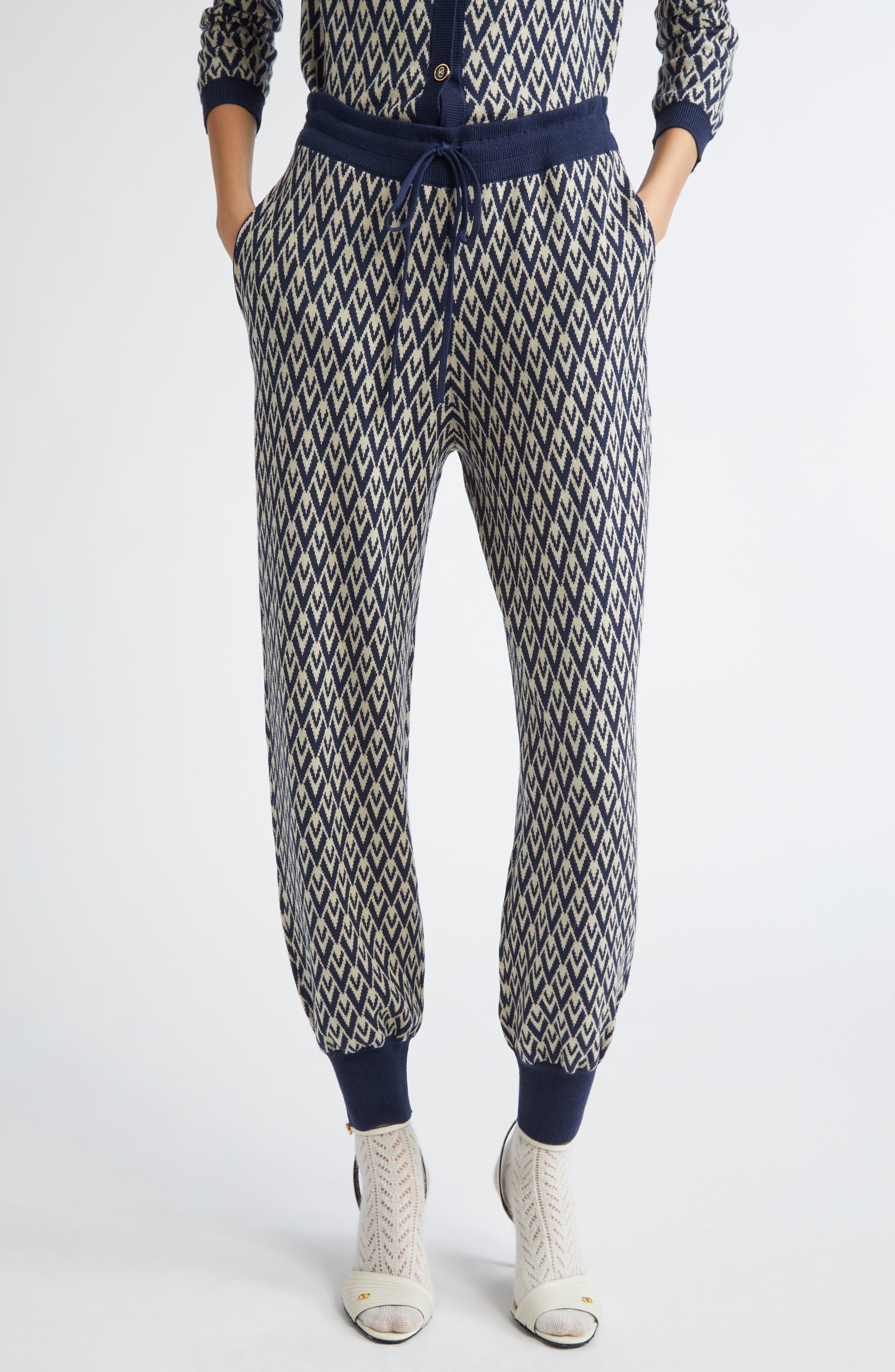 Valentino Garavani Toute la V Jacquard Virgin Wool Joggers in Navy/Cream at Nordstrom - 1