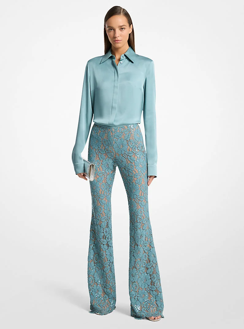 Hand-Embroidered Sequin Floral Lace Flared Pants - 1