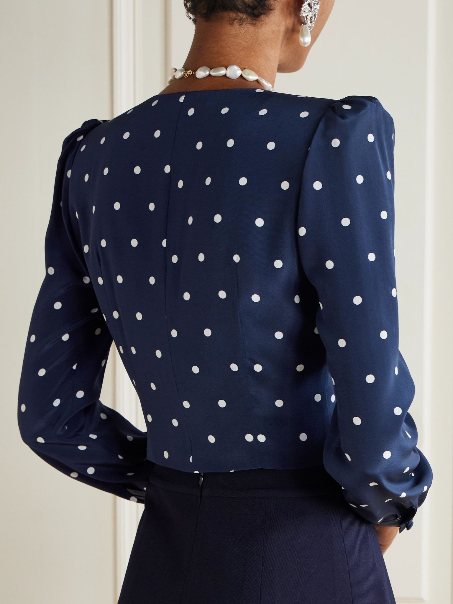 Crystal-embellished polka-dot silk-crepe blouse Navy - 3