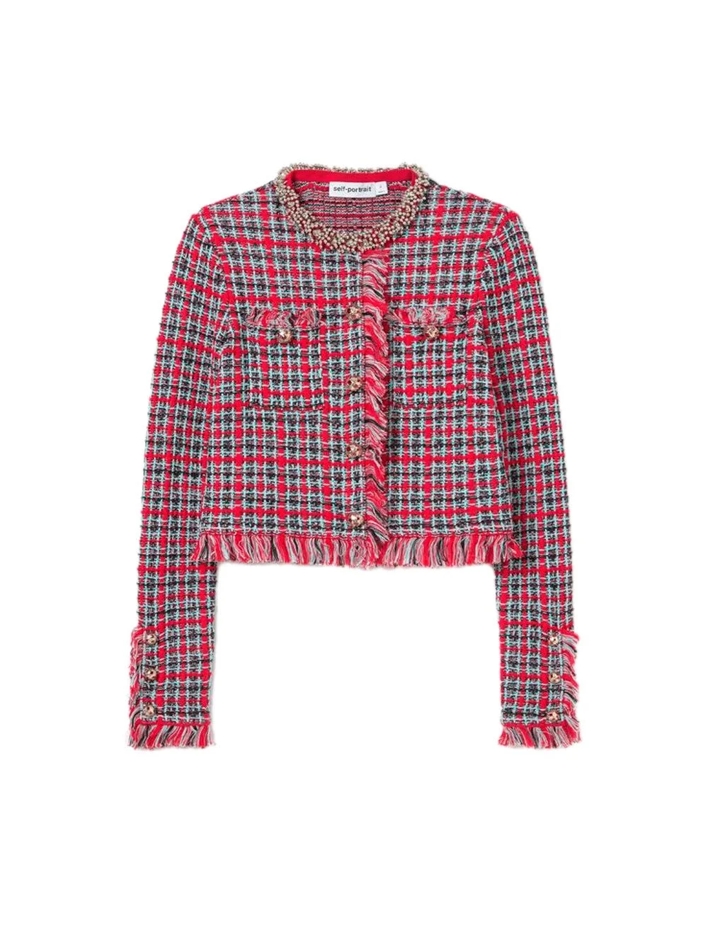 Self-Portrait Women Check Frayed Knit Jacket - 1