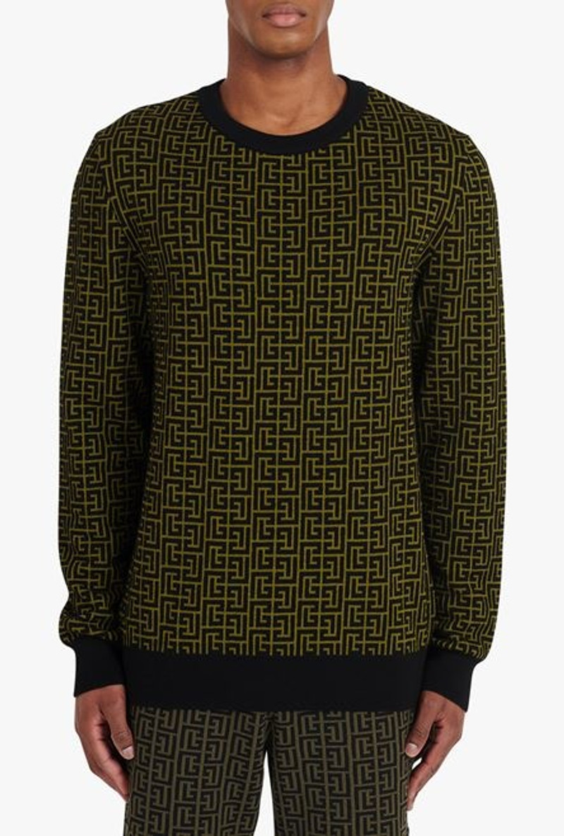 Khaki and black wool sweater with Balmain monogram 5