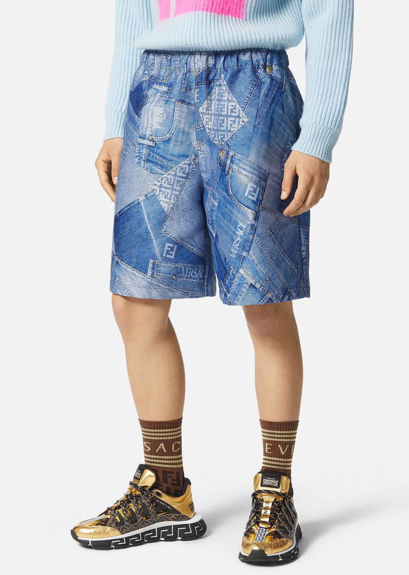 Fendace Denim Patchwork Jacquard Shorts - 3