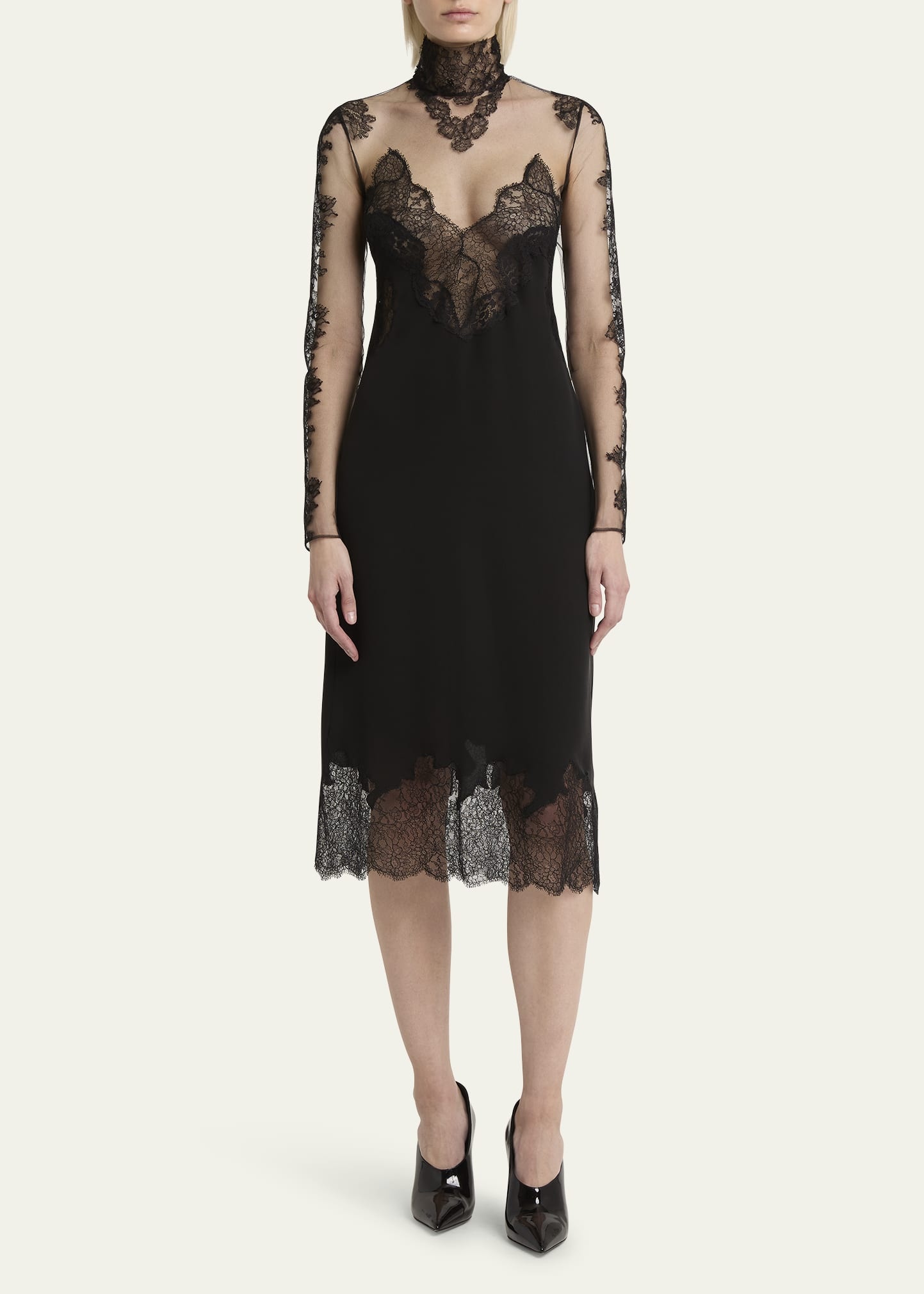 Sheer Lace Mockneck Midi Dress - 2