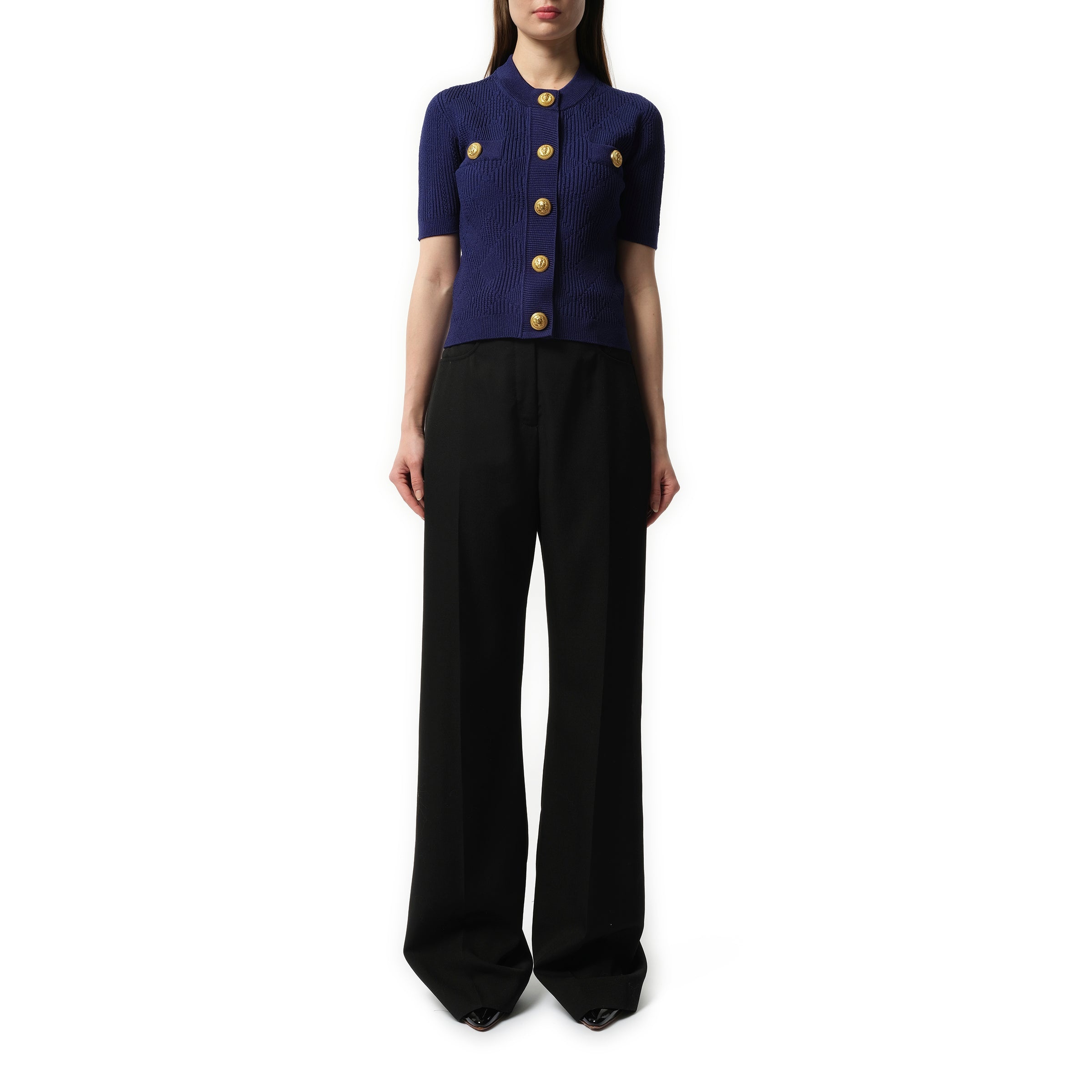 Buttoned 2 Pockets Vichy Knit Cardigan in Midnight Blue - 4