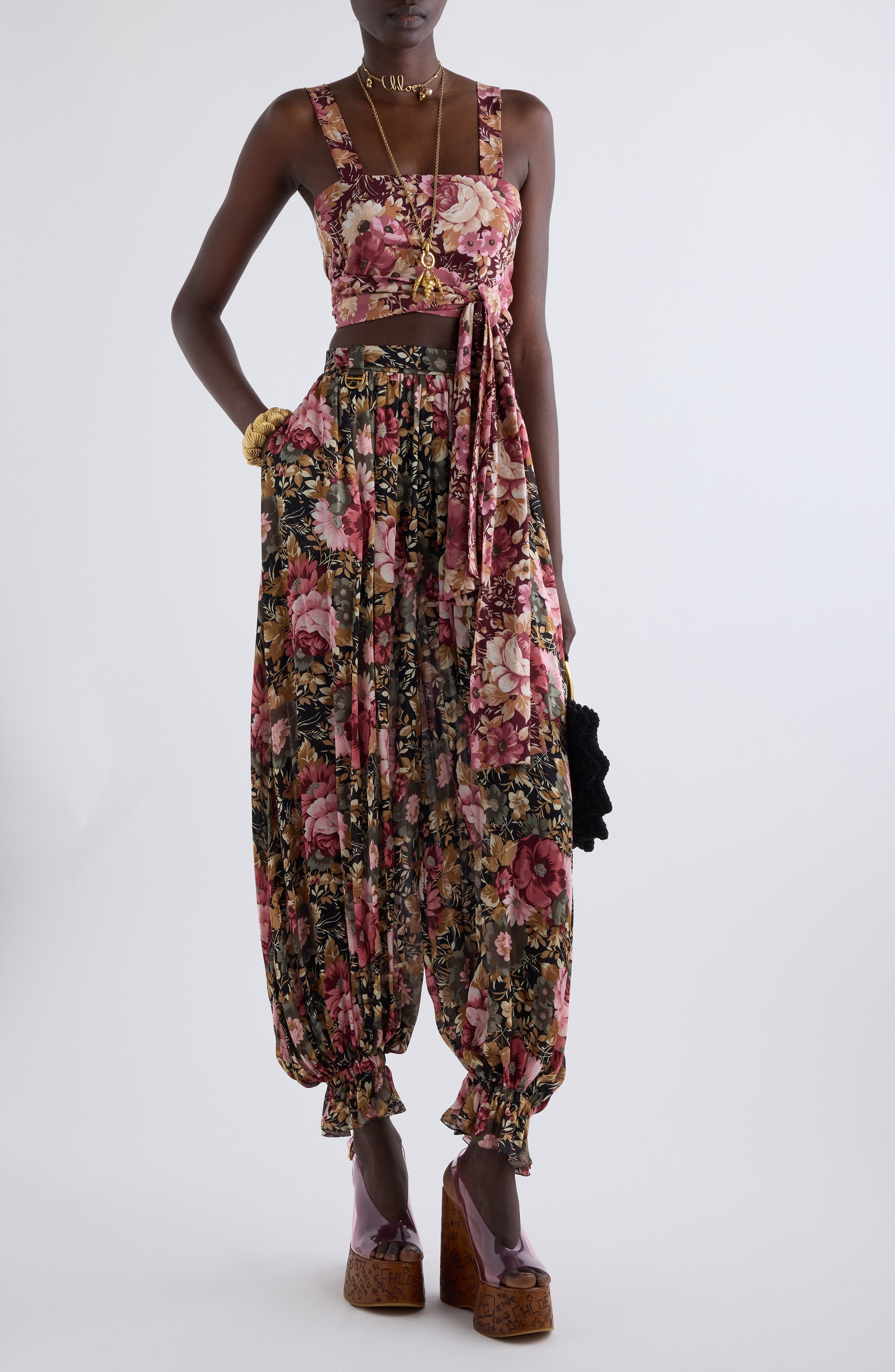 Chloé Floral Print Silk Crop Pants in Black at Nordstrom - 2