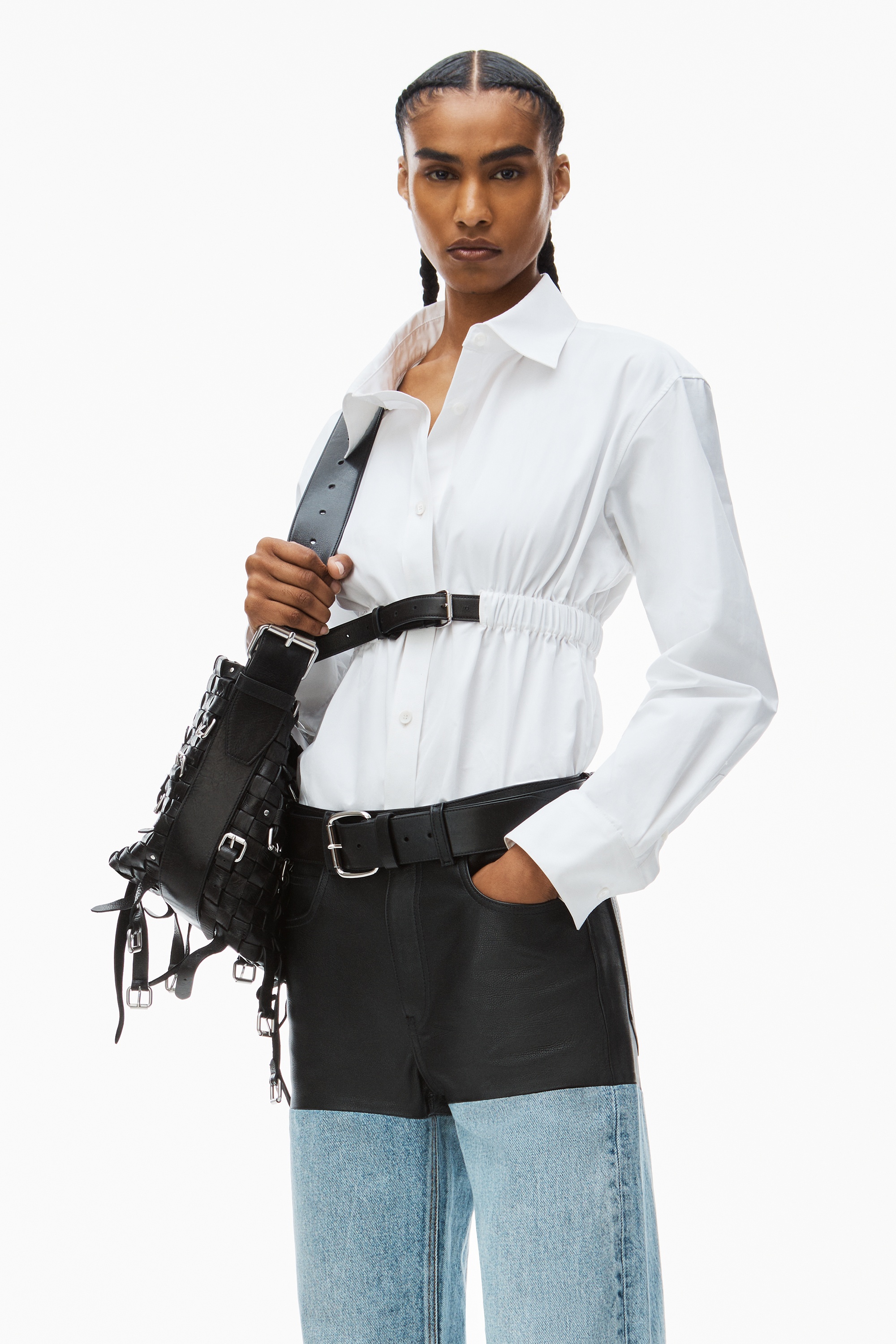 Leather stacked jean in denim - 6