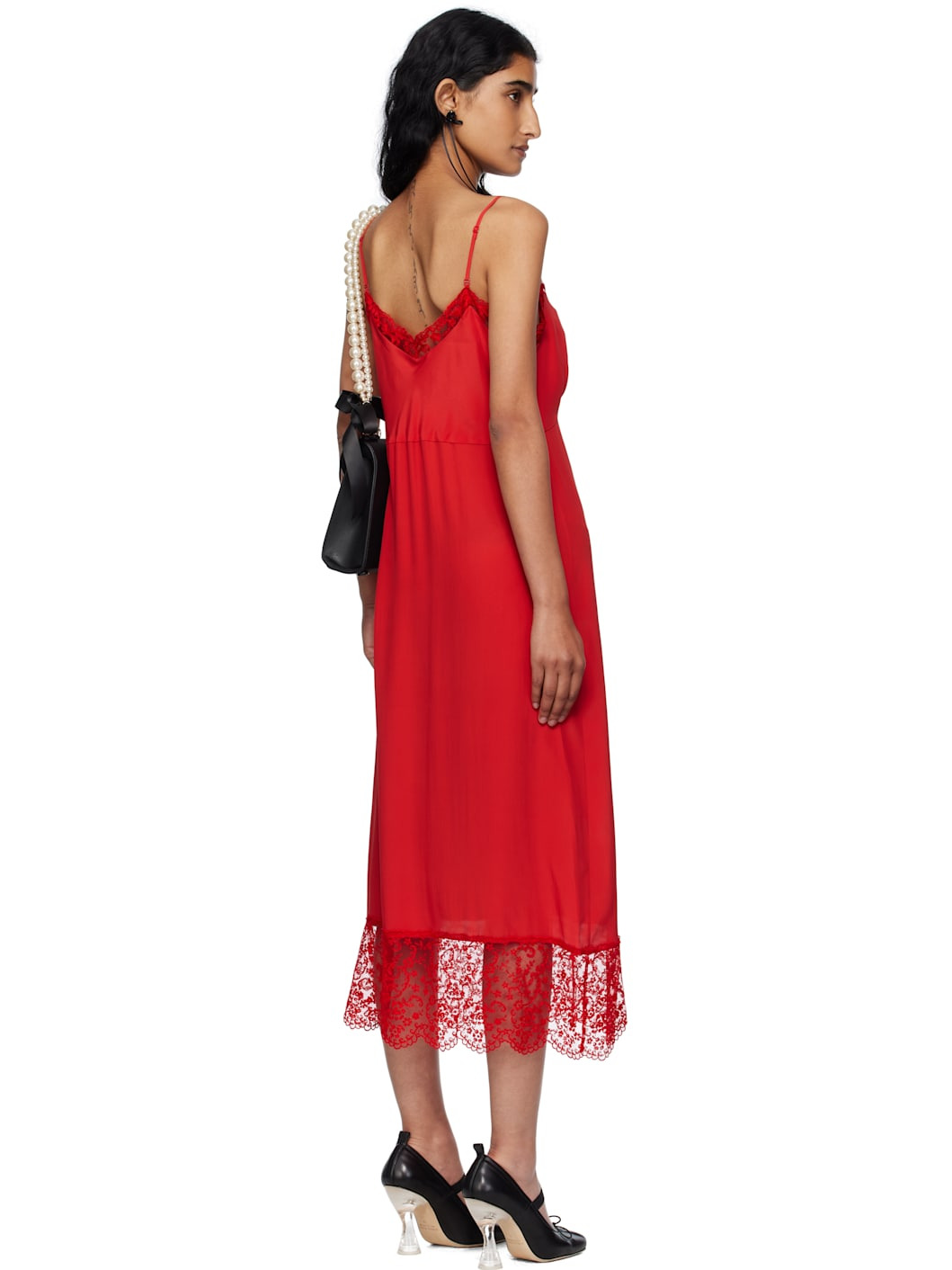Red Deep Lace Trim Slip Midi Dress - 3